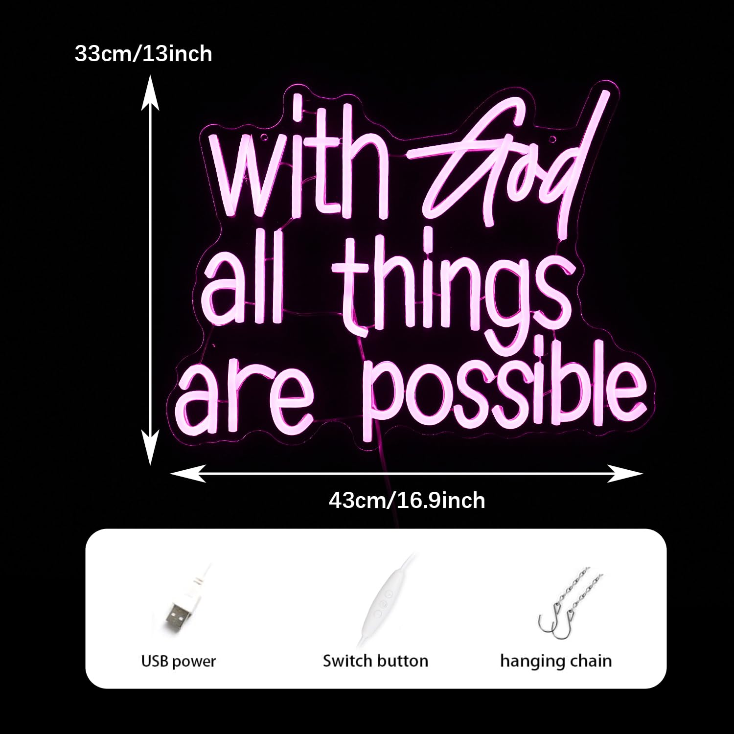 GNVETZLL Neon Sign - With God All Things Are Possible, Pink Acrylic LED Light, Dimmable, 16.9 x 13 Inch for Wall Decor