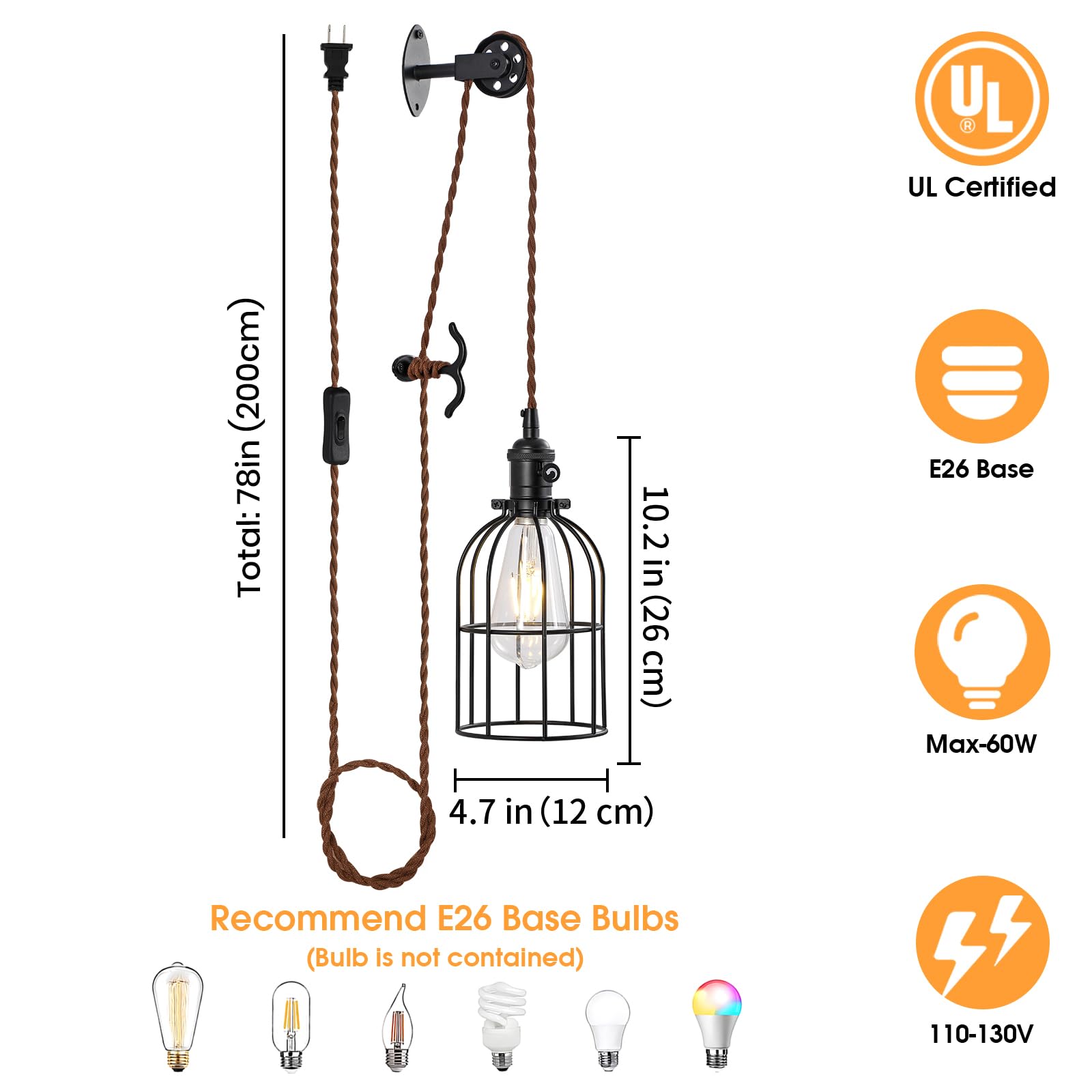 SEEBLEN Plug-in Pendant Light Set of 2, Industrial Metal Lamps, Style E-2, Black