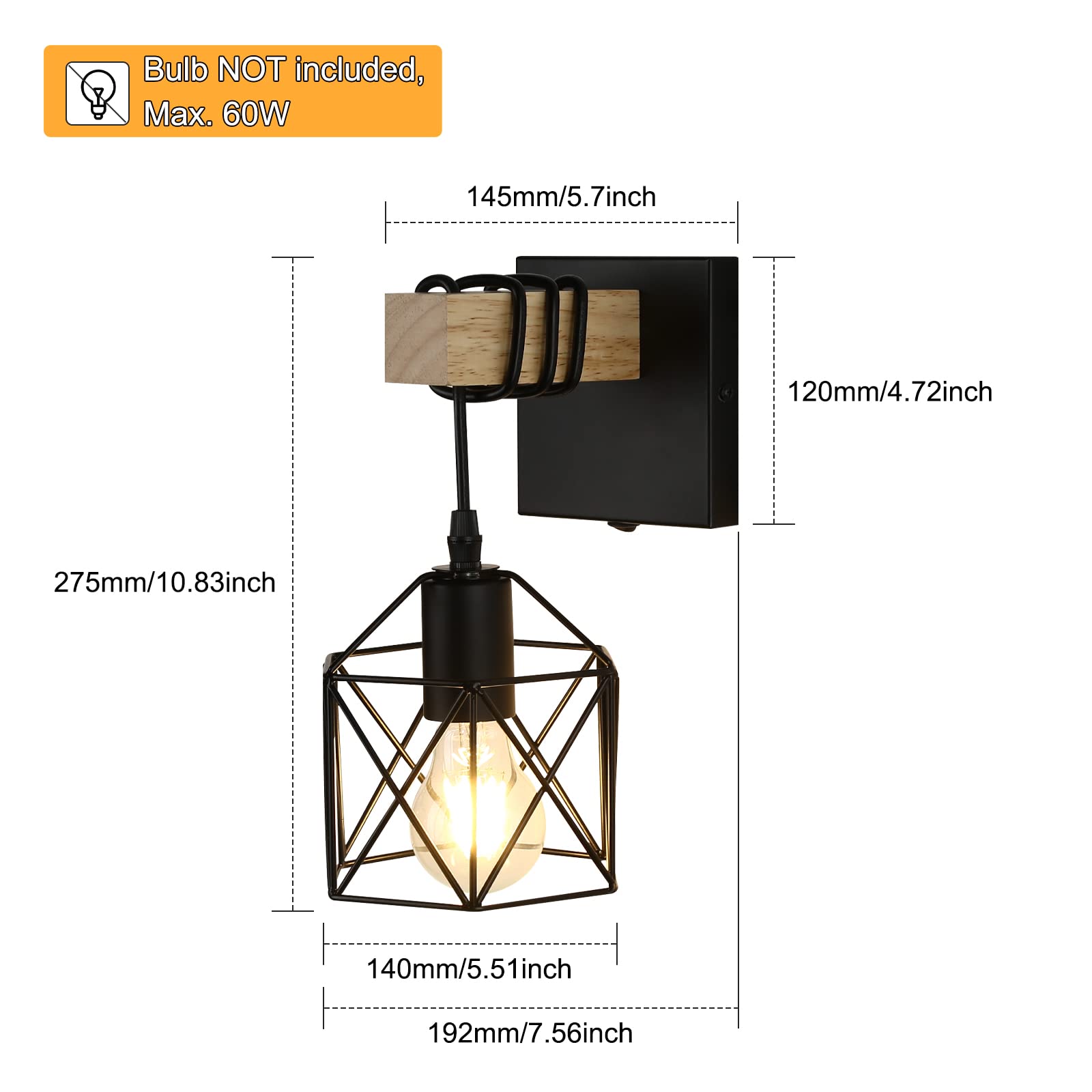 Lightess Black Wall Sconce Pack of 2, Dimmable Metal Cage Fixture, Model LG9939389