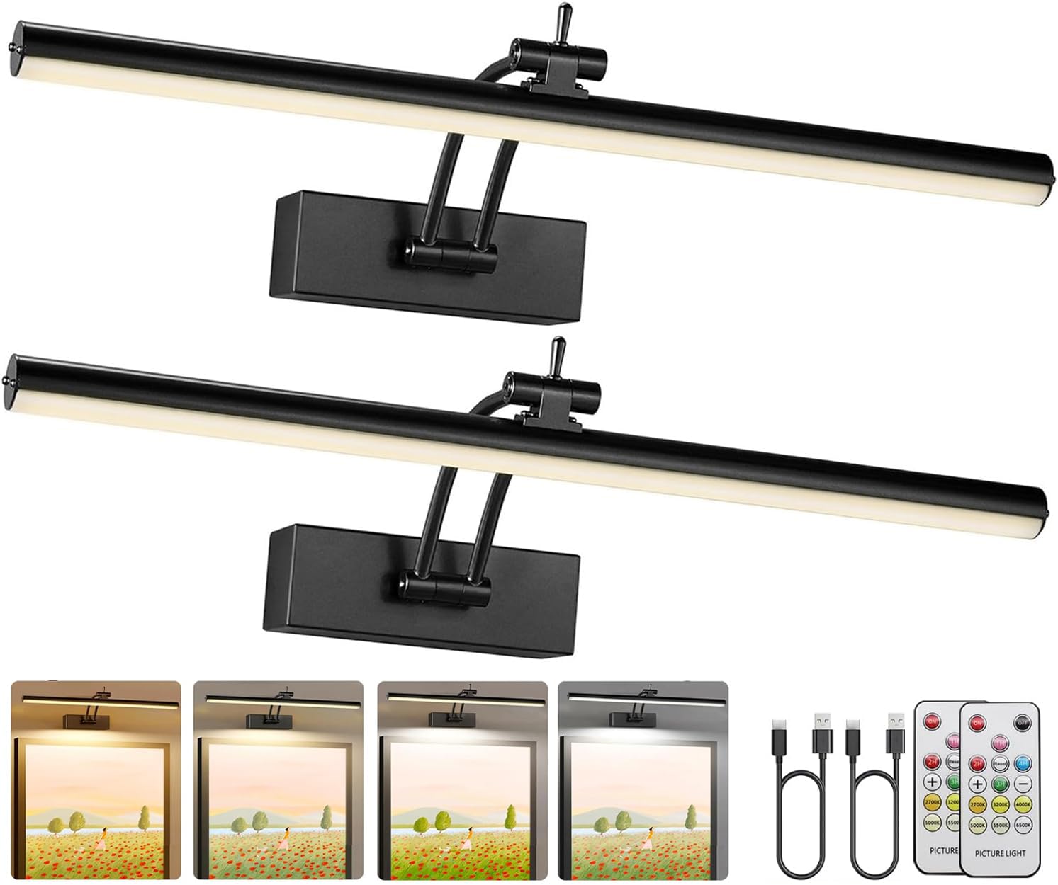 Yuichoy 2 Pack Picture Lights for Wall Battery Operated, 16 inch Wireless Art Lighting for Painting, 6 Colors Picture Frame Ligh