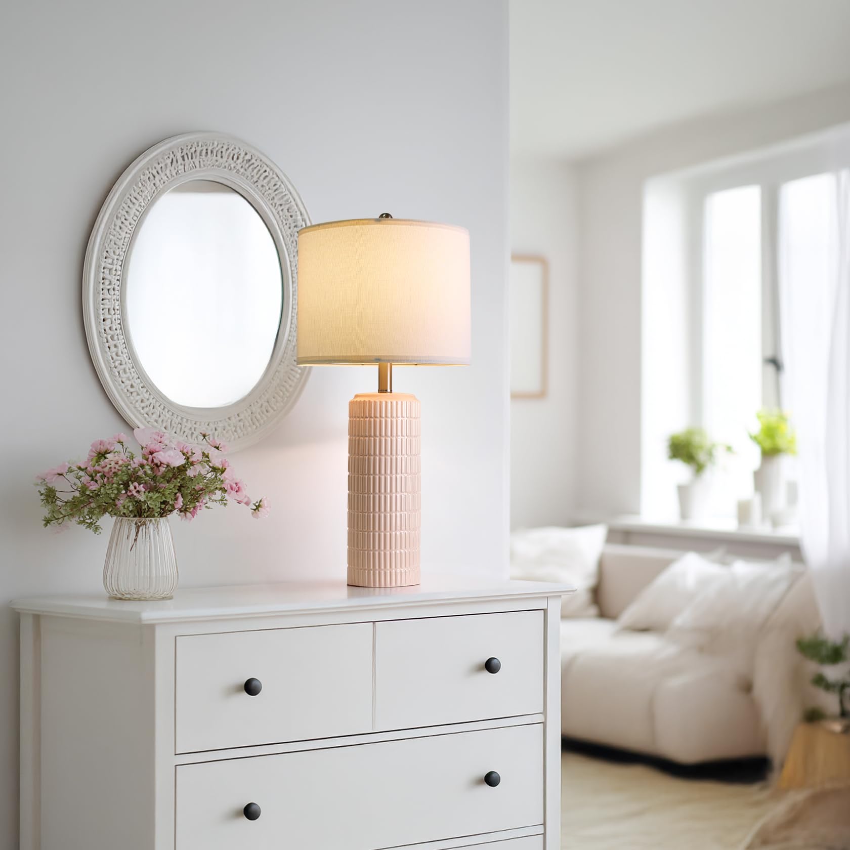 PoKat 27.5" Pink Ceramic Table Lamps Set of 2 - Modern Bedside Lighting for Girls Room, Cute Pink Decor, Model AMZ-T1102L-PK