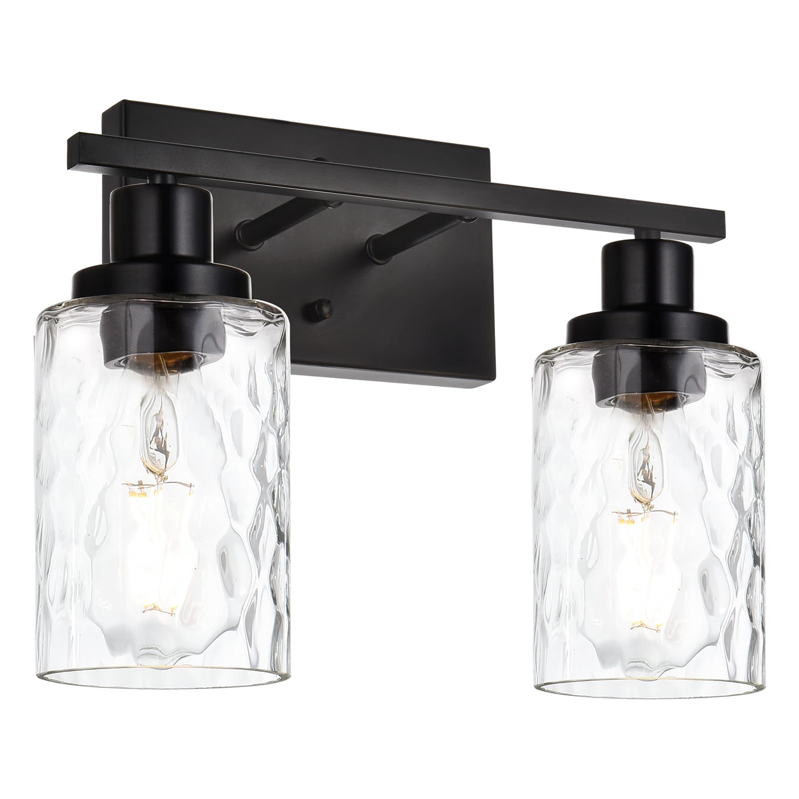 MELUCEE Indoor Wall Sconce 2-Light Matte Black Metal with Clear Hammered Glass for Bathroom Vanity and Mirror Cabinets