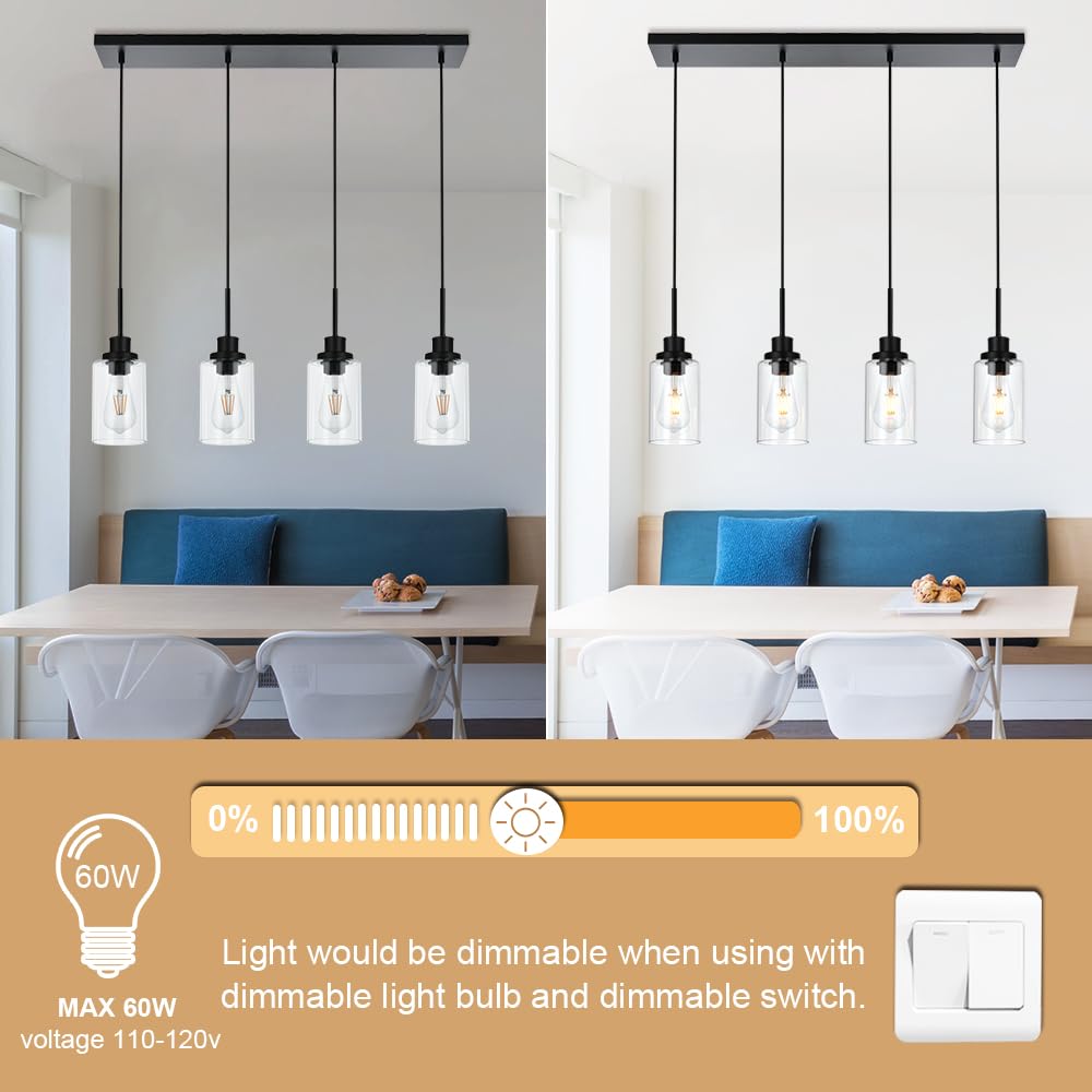 Winshen Black Pendant Light Fixtures With Clear Glass, 4-Lights Adjustable Height Hanging Ceiling Lights, Kitchen Island Lightin