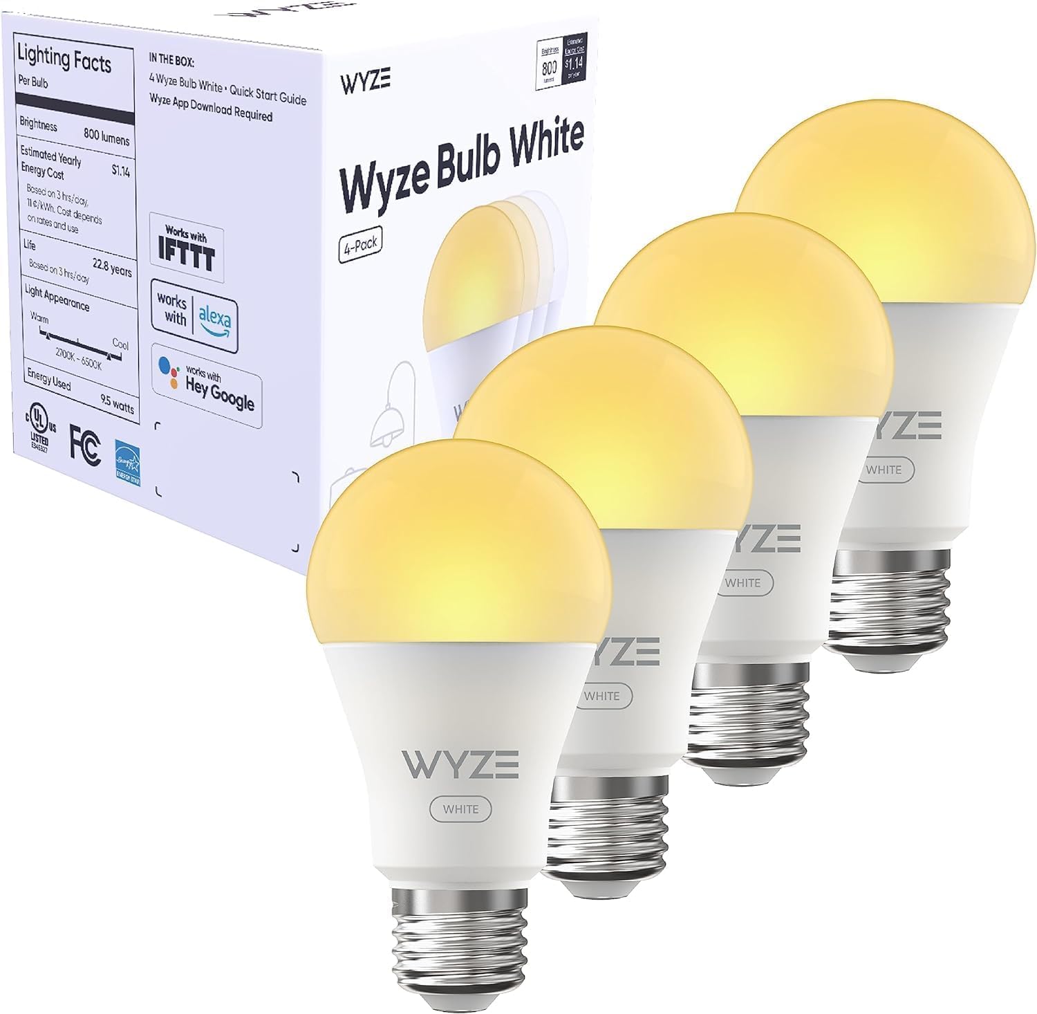 Wyze Lifestyle A19 Wi-Fi Smart Light Bulb, Tunable White, Dimmable, 800LM, 4-Pack, White, Model WLPA19V2-4PK-SZ