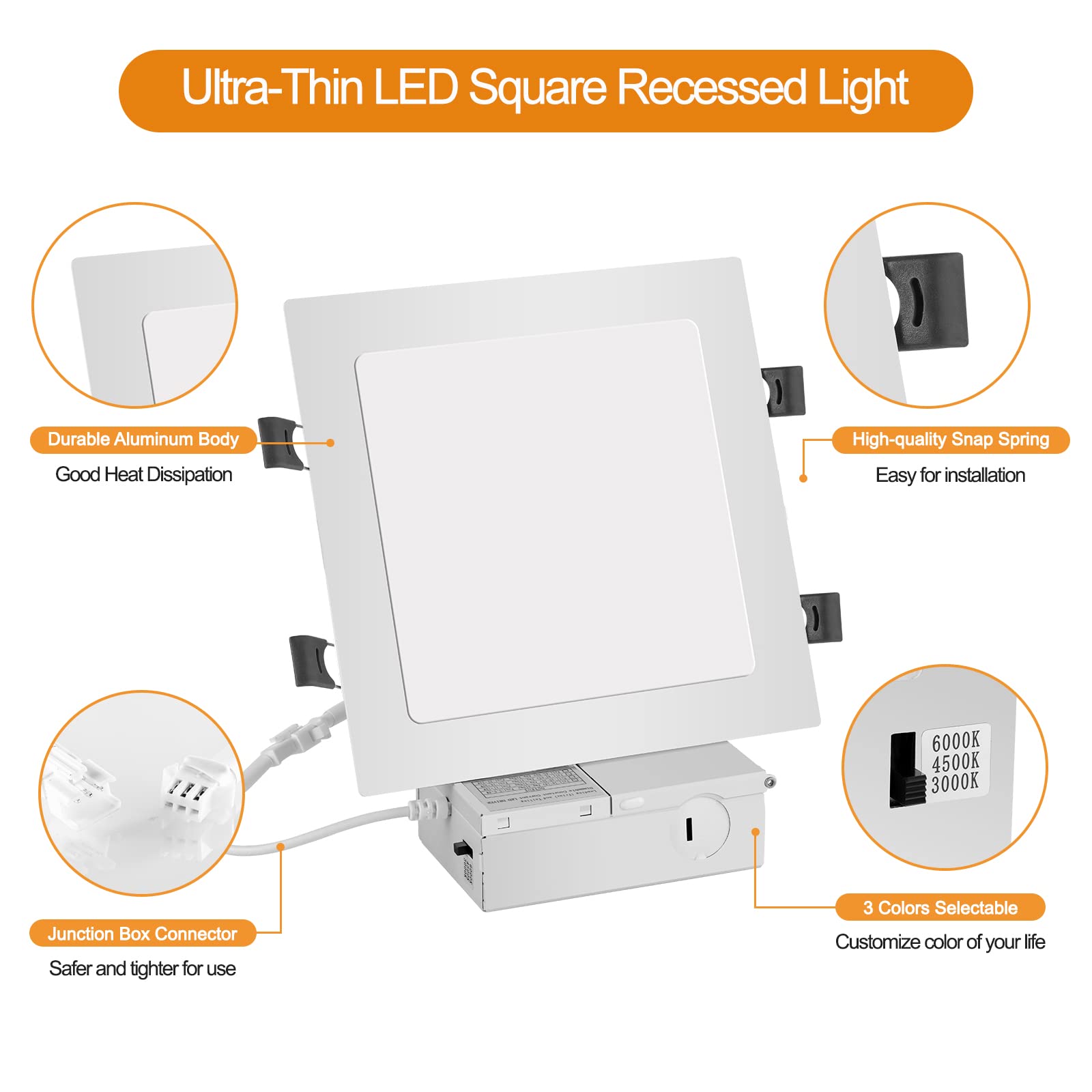 11 Inch 26W Square Led Recessed Light, 3 Color Temperature Selectable & Dimmable Lamp, 2200 Lumens Ultra Thin Led Canless Downlight Lighting With Junction Box For Living Room Kitchen Bedroom…