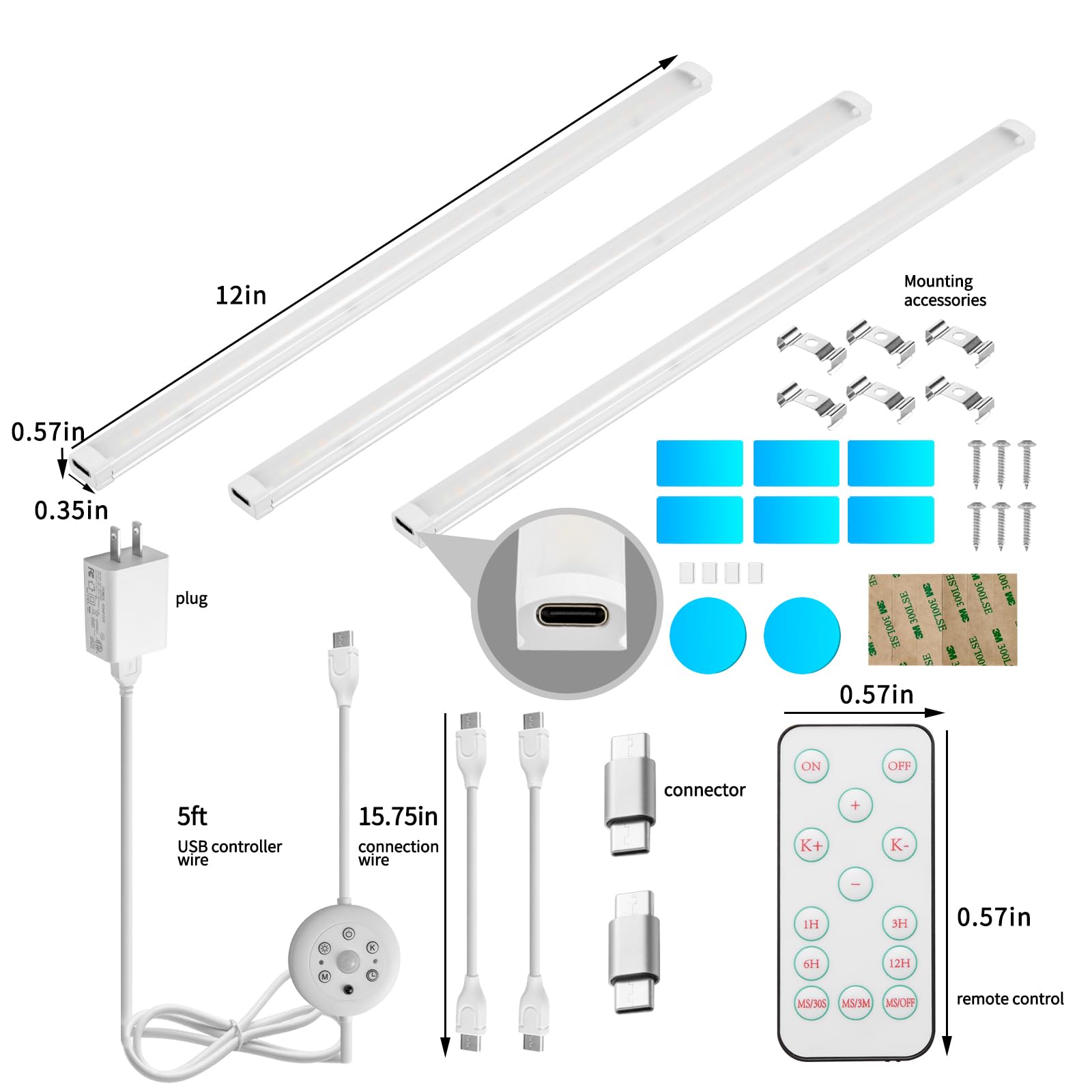 THLIFURE LED Cabinet Lights Bar, Motion Sensor, Dimmable, Wireless Remote, Ultra Thin, 1ft, White, 3-Pack, Model TH-SSCABL-00
