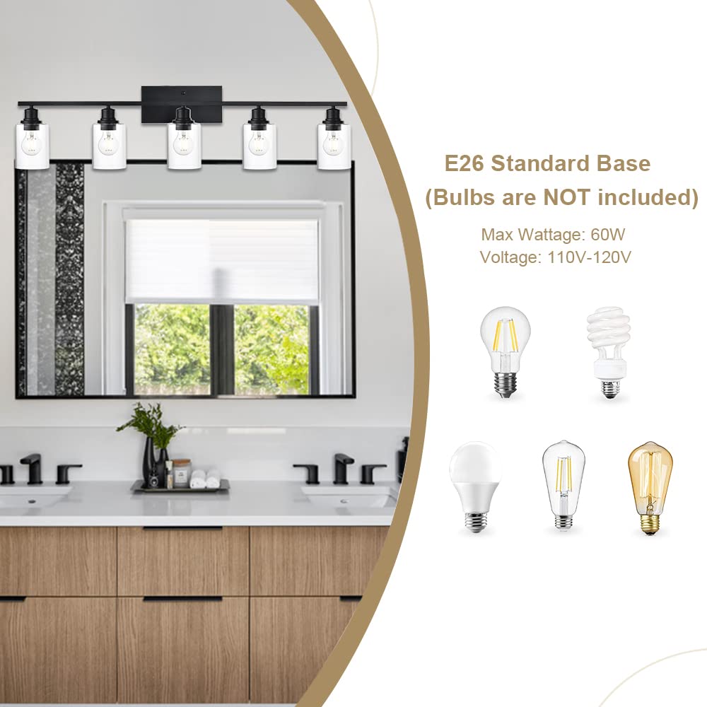 VINLUZ Bathroom Lighting Fixtures, 5-Light Matte Black Farmhouse Vanity Wall Mount Light, Glass, for Porch or Workshop
