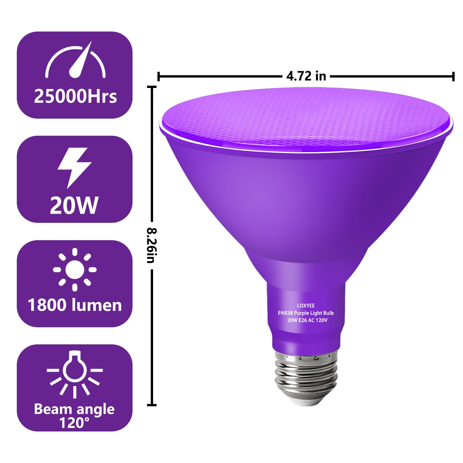 LOXYEE PAR38 Flood Light Bulb, Dimmable, E26 Base, 20W Replace to 200W, 4 Pack, Purple