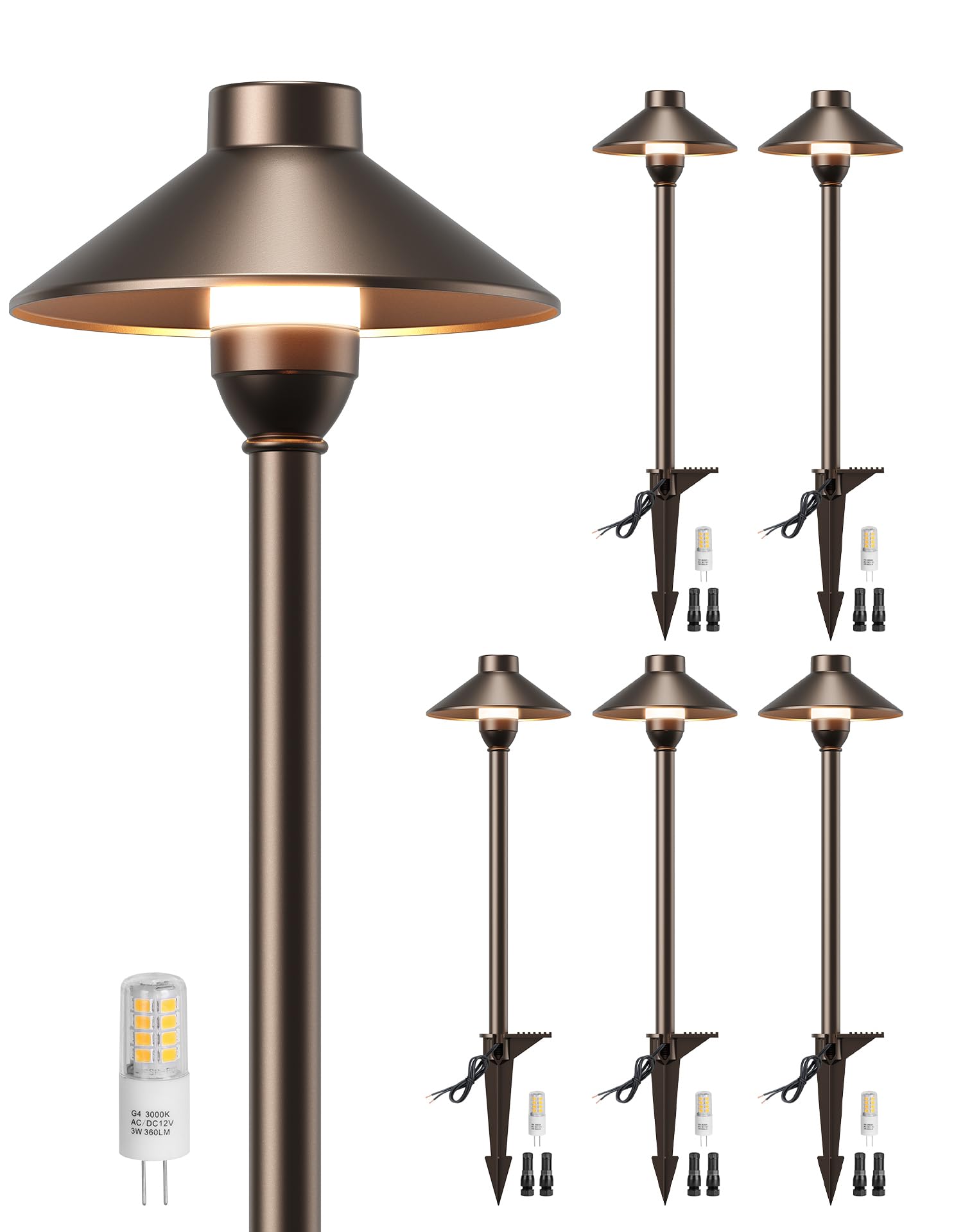 Partphoner Low Voltage Landscape Lighting 6-Pack  Aluminum 12V Pathway Lights With G4 Bulbs  Waterproof Oil Rubbed Bronze Color Wired Path Lights With Connectors For Walkway Yard Garden