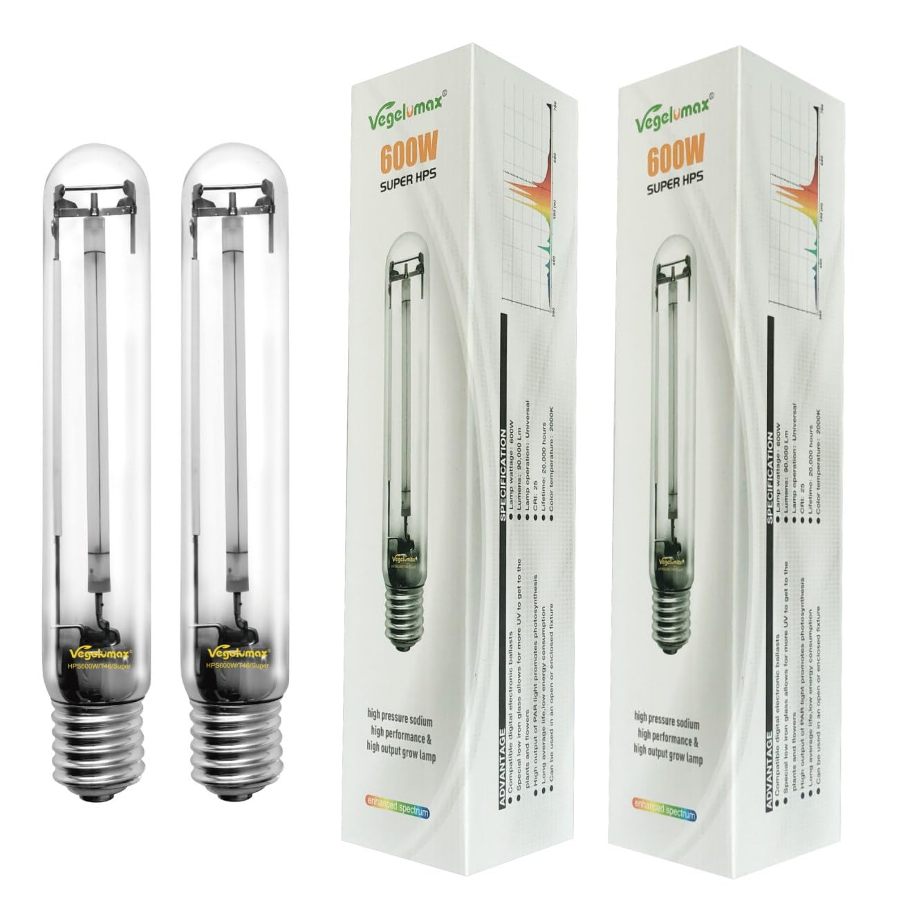 Vegelumax 2-Pack 600 Watt Hydroponic High Pressure Sodium Hps Grow Light Bulb Lamp,High Par Enhanced Red And Orange Spectrum, Cc
