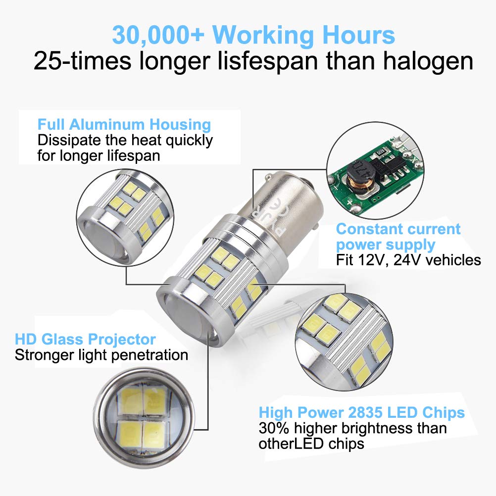 Pyjr 1156 Led Reverse Light Bulbs, 1000 Lumens, 6000K Xenon White, Pack Of