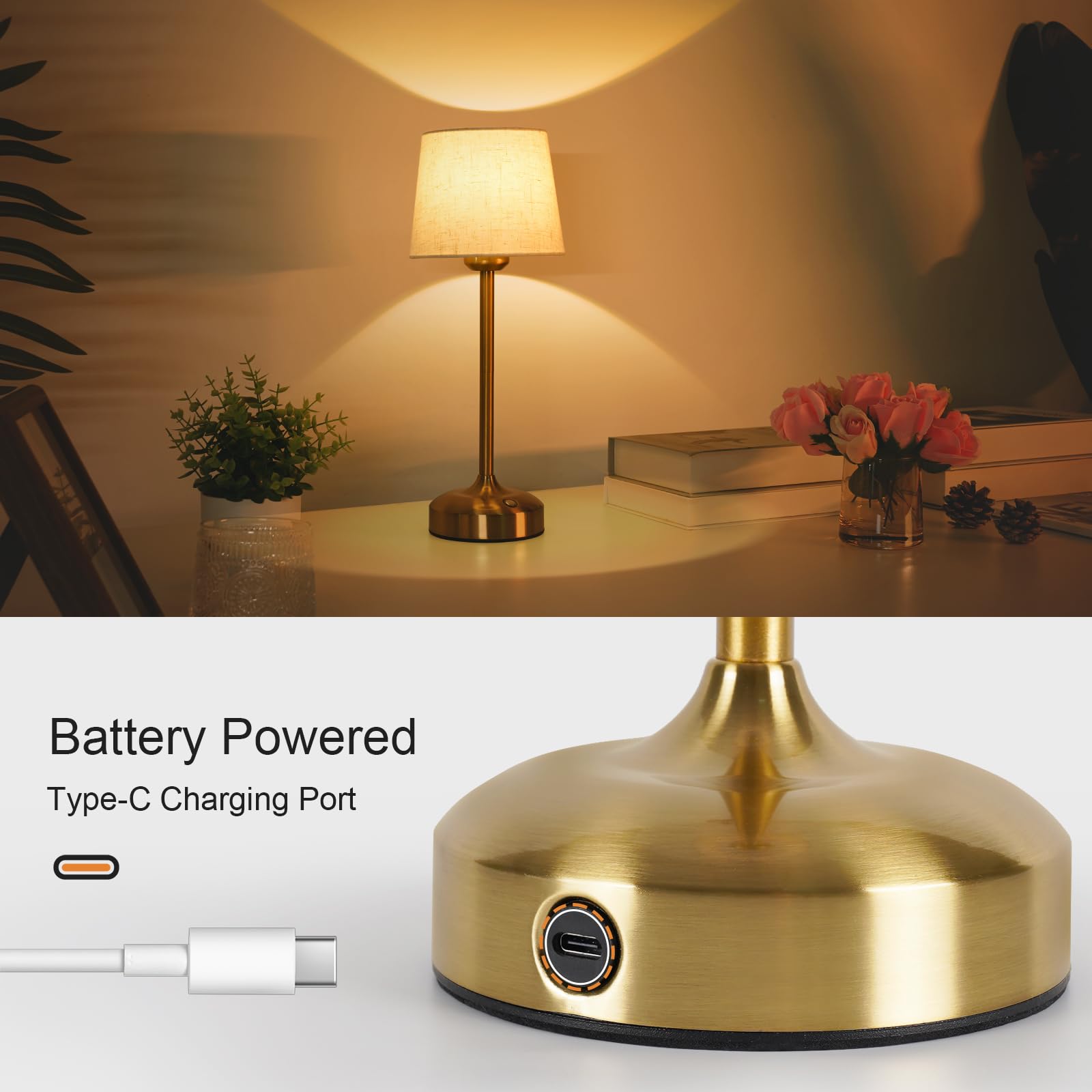 YAYZA! Cordless Table Lamp - Adjustable Height, Fabric Shade, 7500mAh Rechargeable, Short Gold - 5.9" x 5.9" x 15.