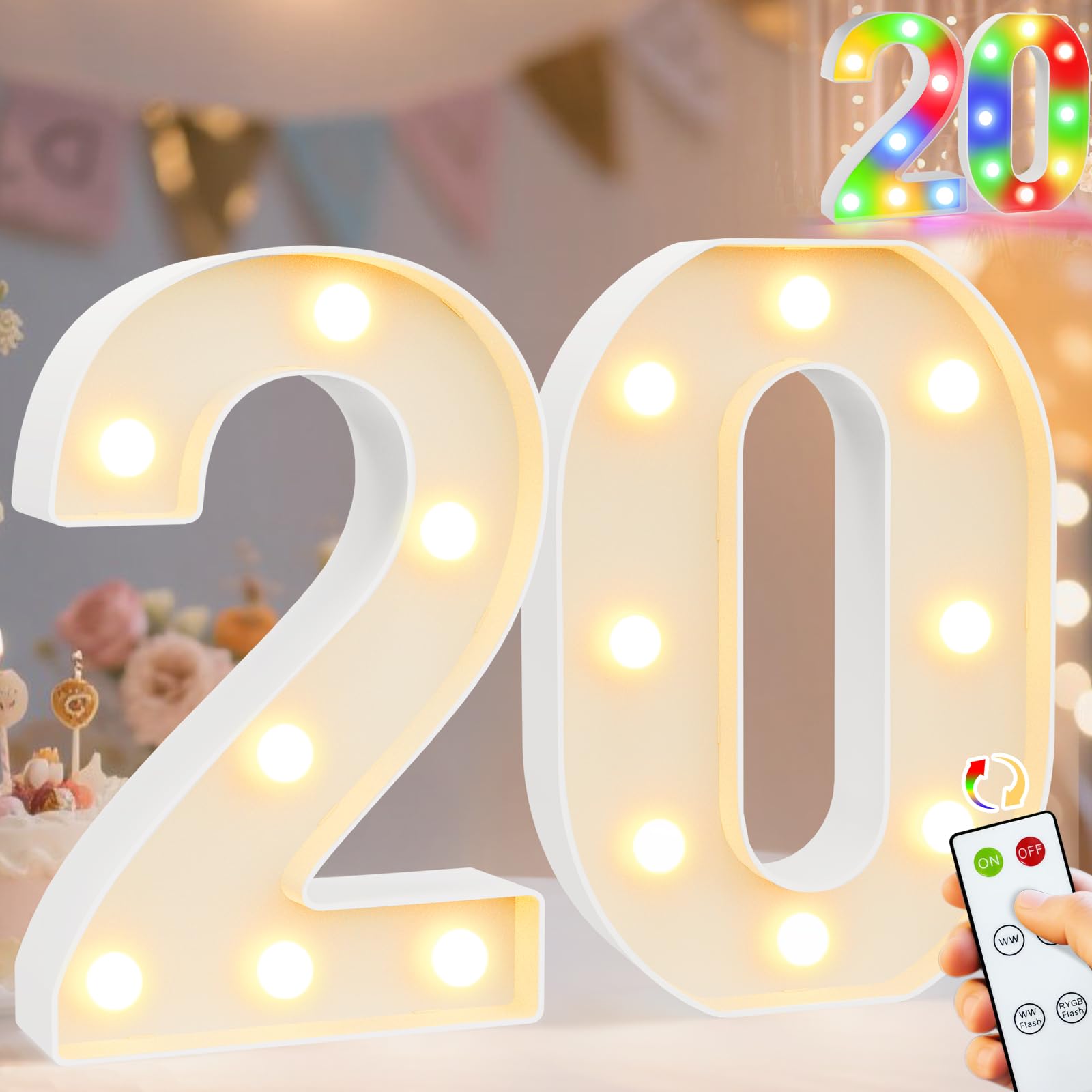 Pooqla 20Th Birthday Decoration For Her Him  Decorative Led Light Up Numbers  Marquee Numbers 20 Sign For Party Backdrop 20Th Wedding Anniversary Decor Gift  Warm White And Colorful Number 20