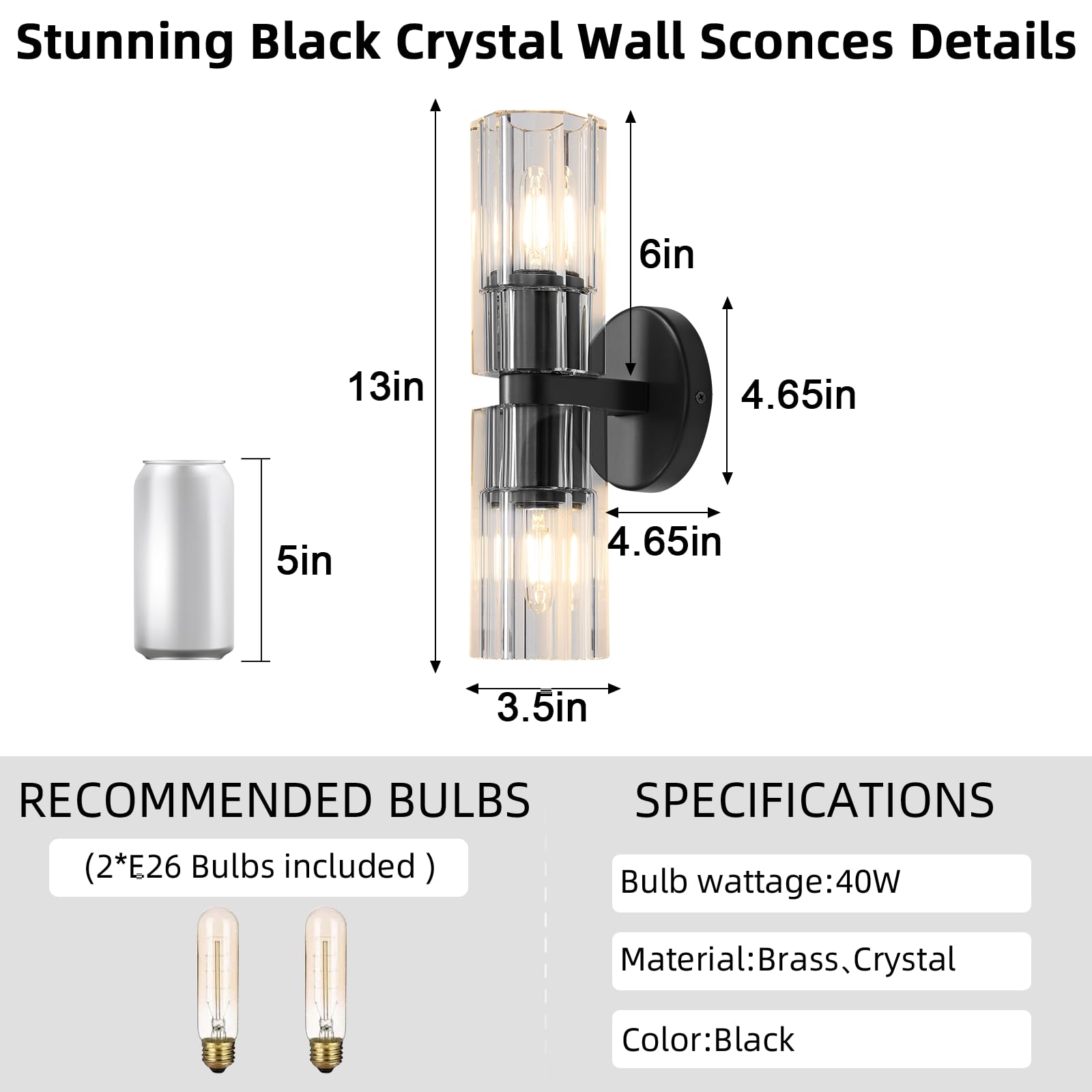 Plsintly Black Crystal Wall Sconces Set Of Two  Wall Sconce Set Of 2  Black Sconces Wall Lighting With K9 Crystal Lampshade  Wall Lights For Bedroom Living Room Bathroom Hallway