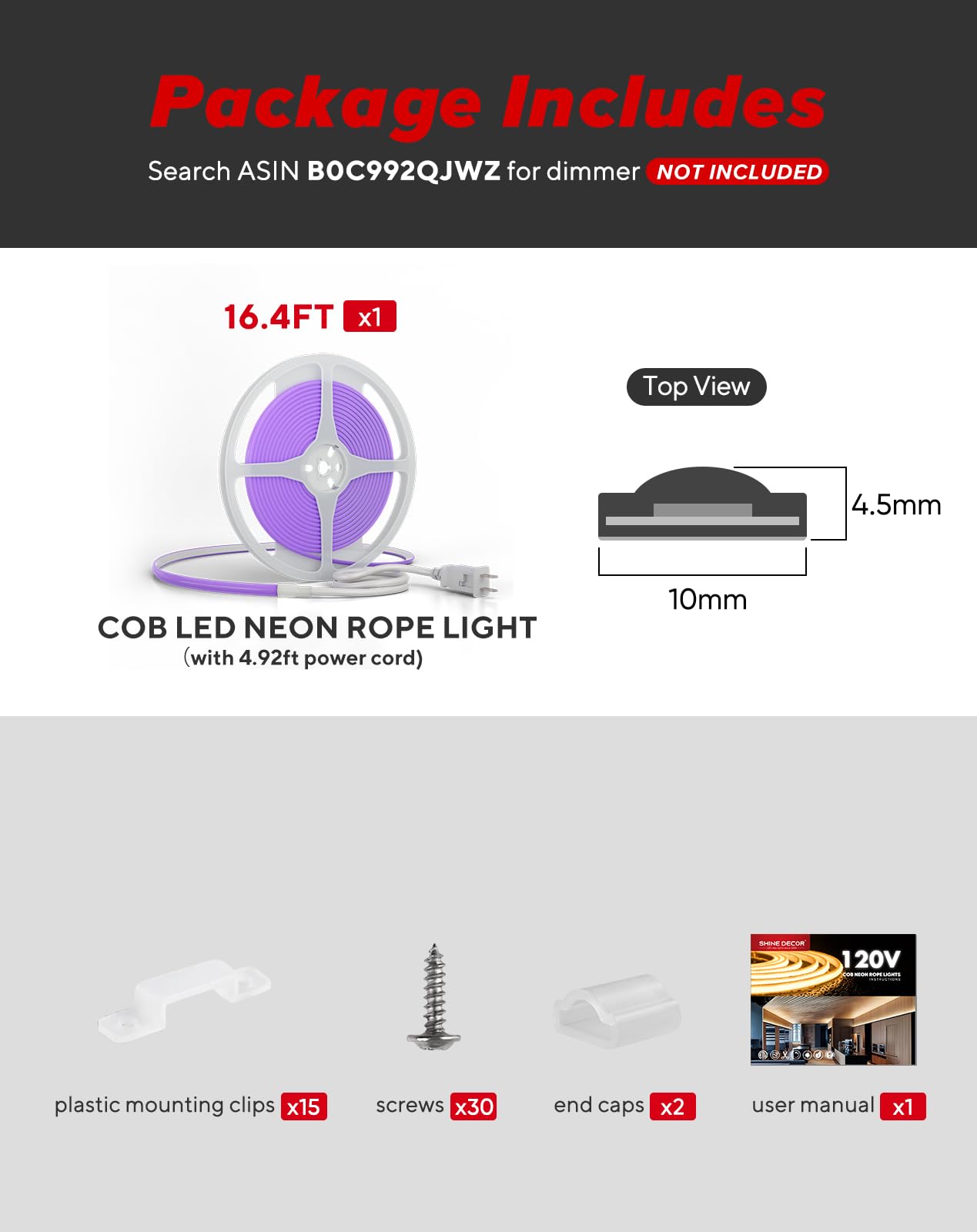 Shine Decor Cob Led Rope Light Ac 120V  800Lm Ultra Bright  Ip65 Waterproof Cold-Resistant Etl Neon Strip  No Driver Tape Lighting For Home Commercial 10X4.5Mm  Purple  16.4Ft