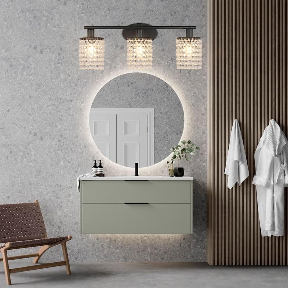 TISLYCO 3 Light Bathroom Vanity Fixture, Crystal Drop Wall Lamp, Black Metal