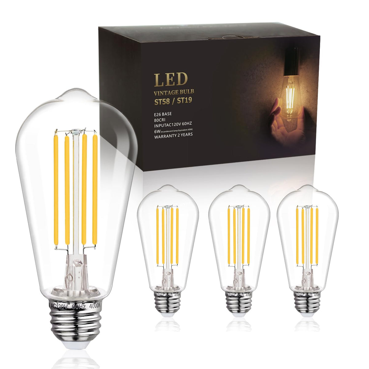 4Pack St58/St19 Vintage Led Edison Bulbs, Daylight White 4000K, 6W Equivalent 60W Led Filament Light Bulbs, Dimmable 700Lm, E26 