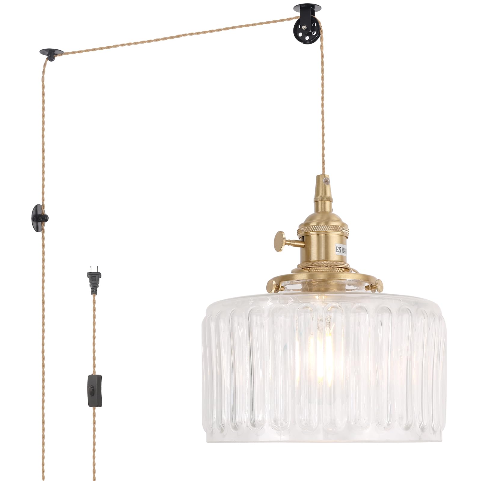 Shenmoyl Plug in Pendant Light Hanging Light Fixture Corded On/Off Switch Brass Pendant Light with Clear Striped Glass Lampshade