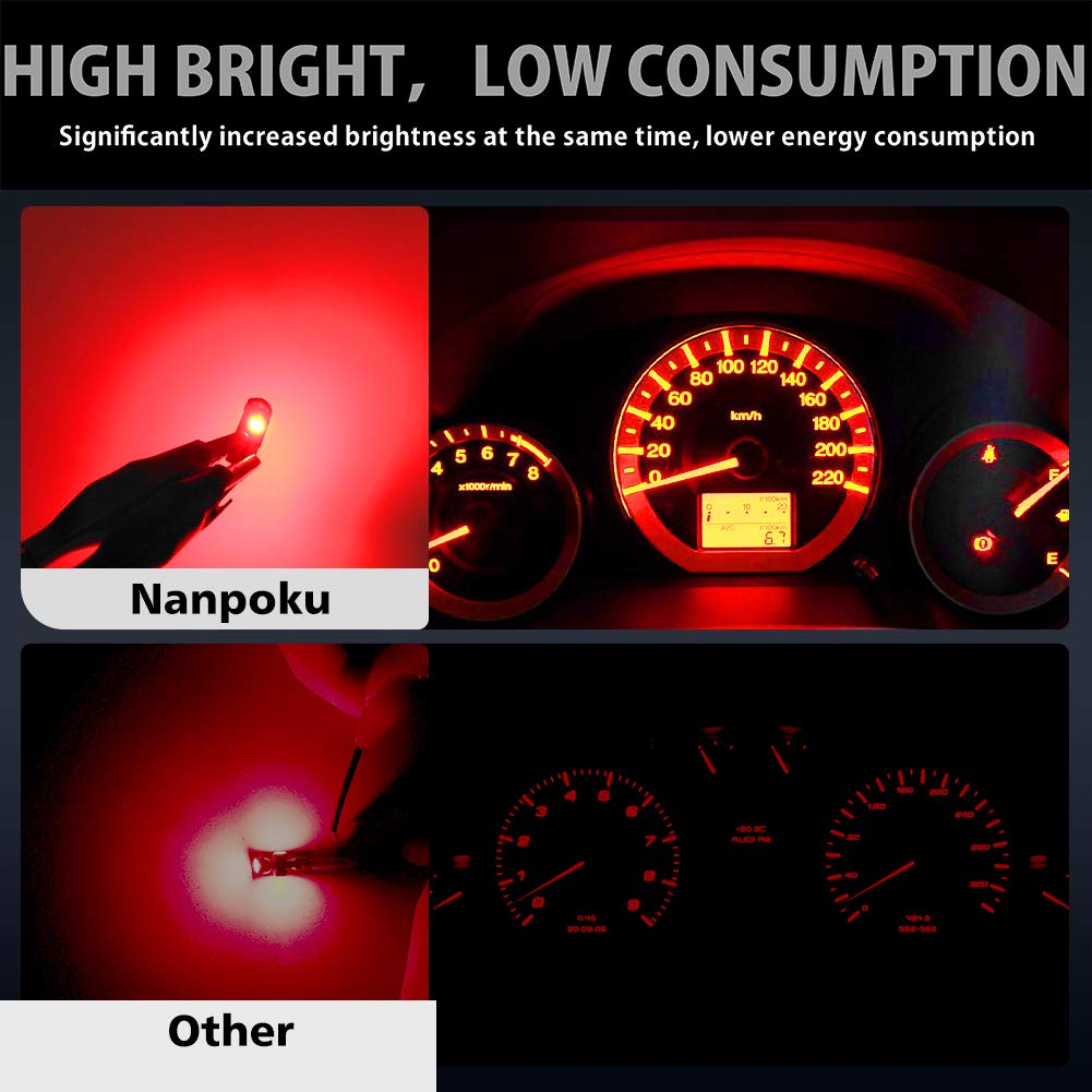 Nanpoku T5 LED Bulbs 74 73 37 2721, Red, Canbus Error Free for Auto Dashboard, Gauge Cluster Indicator Lights, 12PC