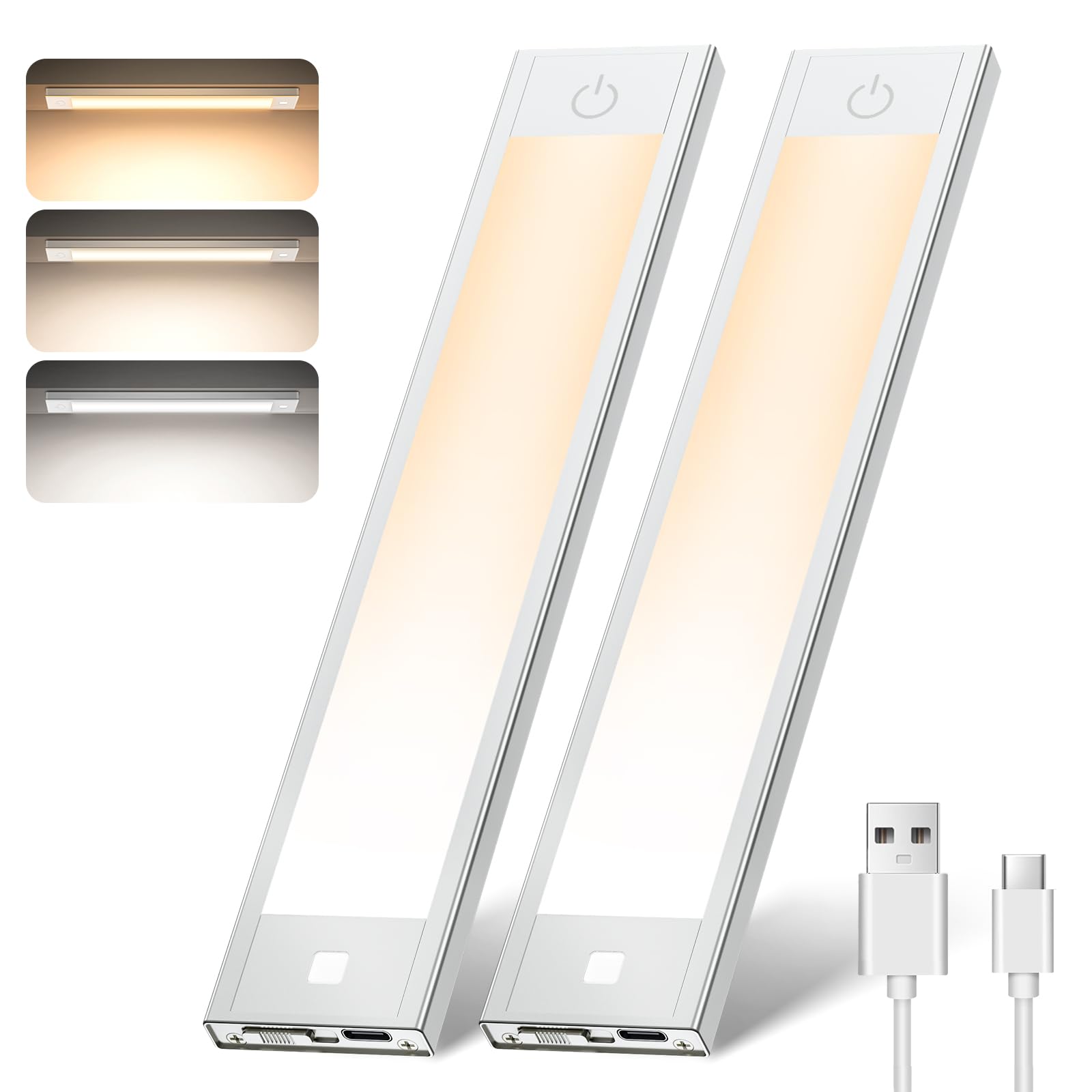 VST Motion Sensor Lights, Dimmable LED Under Cabinet Lighting, 9in, Silver, Rechargeable, 2 Pack
