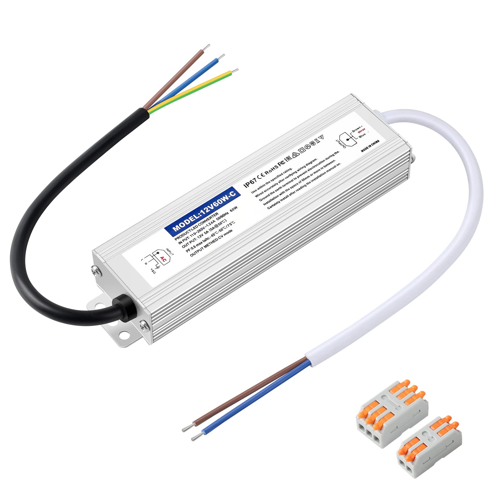 Karyoosi Waterproof Ip67 Led Driver Power Supply 12V 60W 5A, 110V Ac To 12V Dc Converter, Ideal For Indoor And Outdoor, Marine, And Industrial Led Lighting Applications
