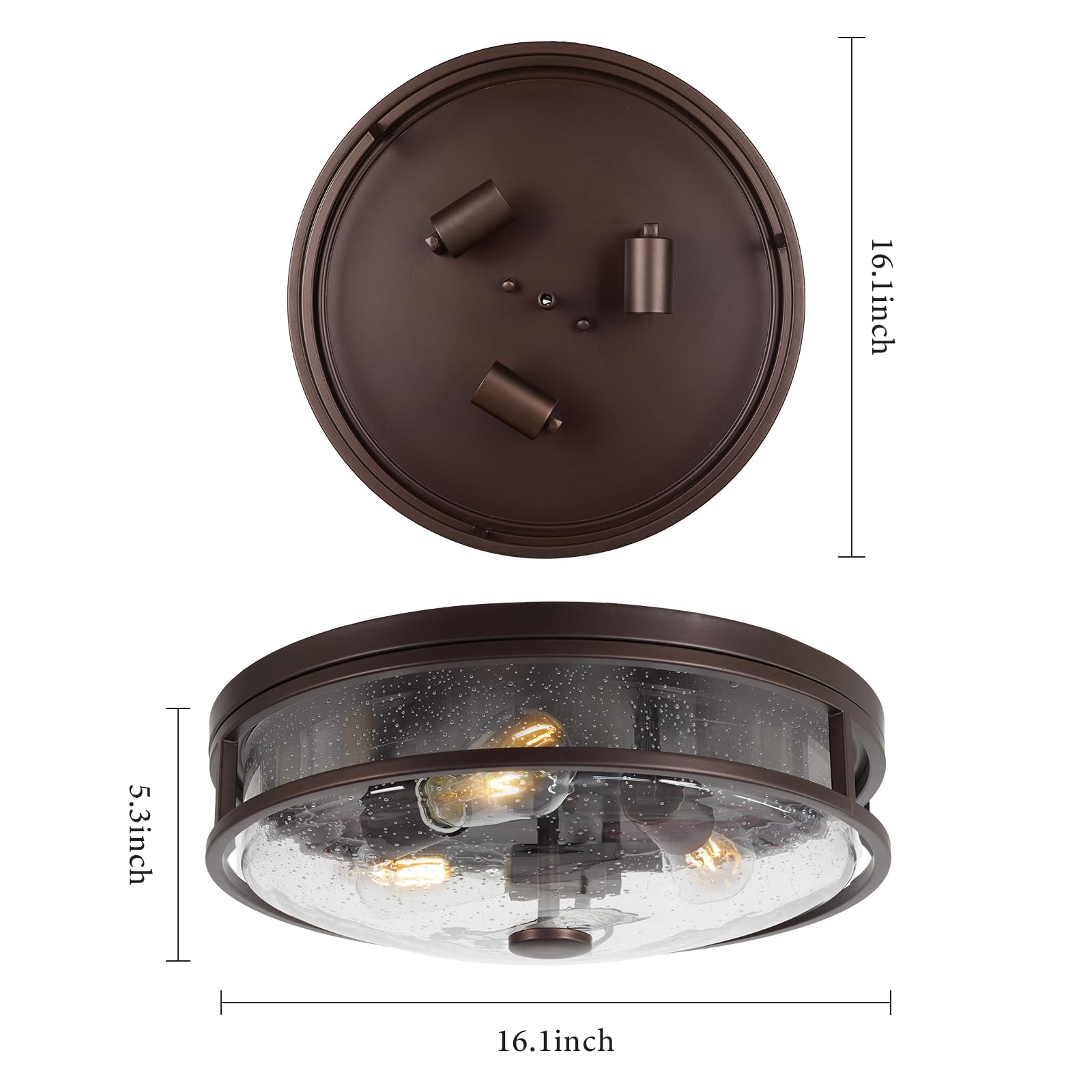 Rosient 16 Inch Large Flush Mount Ceiling Light Fixture With Seeded Glass, Bronze Round Ceiling Lamp Shade, Modern Farmhouse Ind