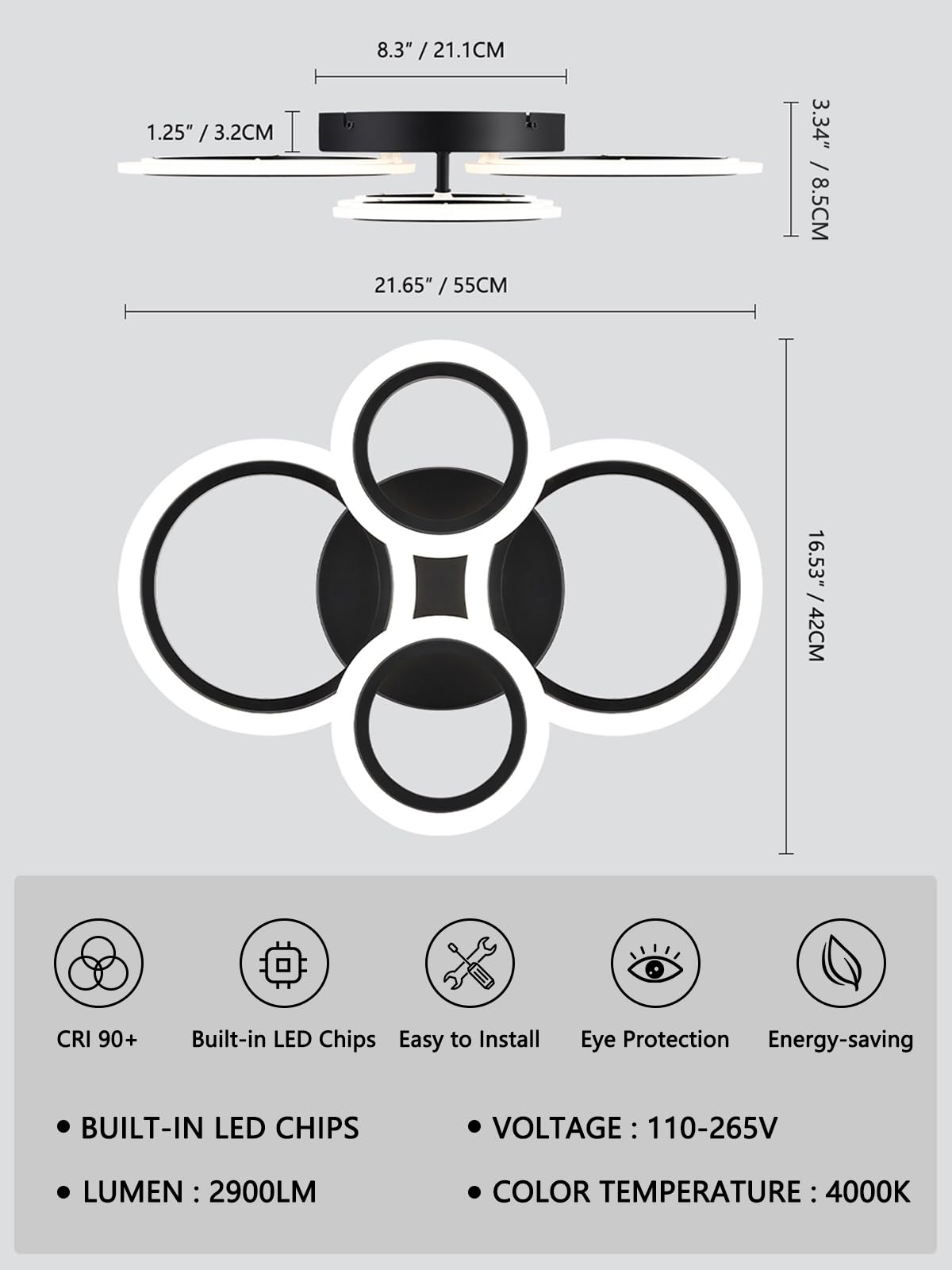 Teminbu Modern Led Ceiling Light, Black 4 Rings Flush Mount Ceiling Light, 4000K Lighting Fixture Ceiling Lamp For Kitchen, Bedroom, Living Room, Laundry Room
