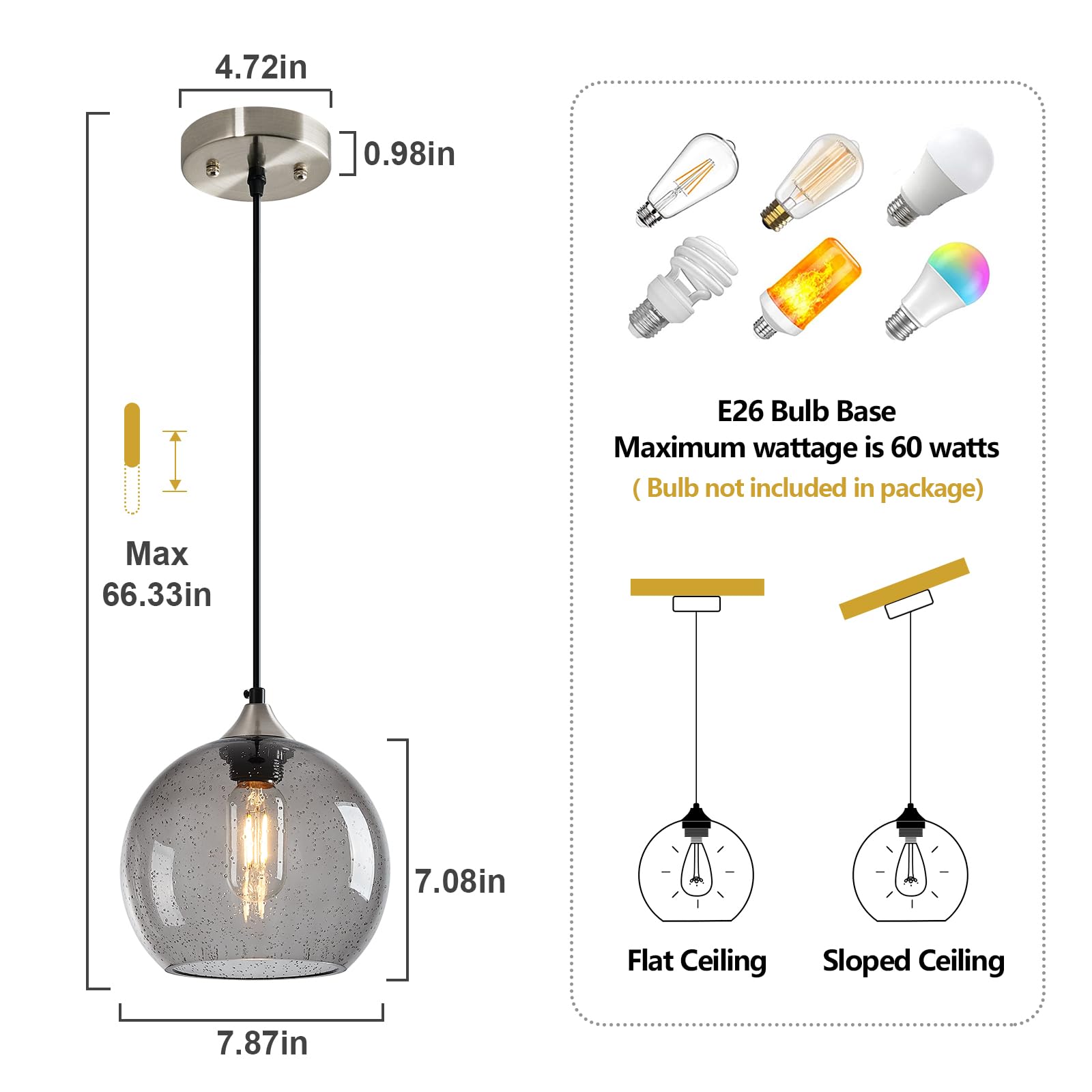 Lbsqj Light Grey Glass Pendant Lights Kitchen Island Lighting Globe Pendant Light Fixtures Modern Pendant Lighting For Bedroom Living Dining Room Light Fixture (7.87 In  1 Pack)