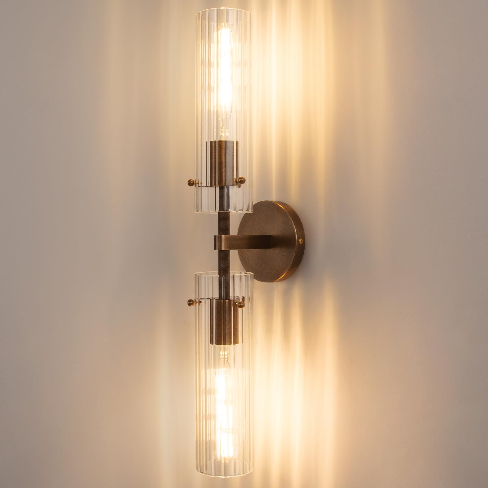 vookea Brass Bronze 2-Light Knurled Wall Sconce  Dual-Head Vanity Lamp with Vertical Banded Glass Tube  Bathroom Wall Sconces  Wall Lights for Living Room Bedroom Hallway Kitchen Bathroom Mirror
