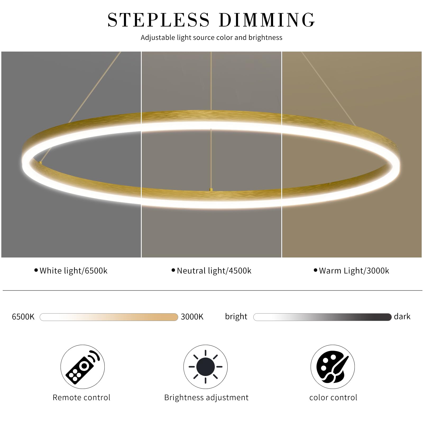 Mikeru Modern LED Chandelier Light with Remote Control, Adjustable 3000K-6500K, 23.6IN, F-Gold, Aluminum Material