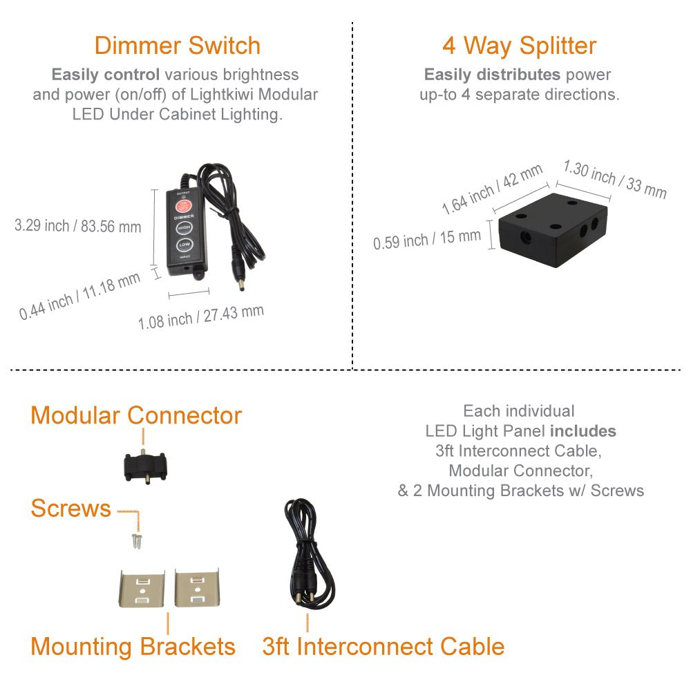 Lightkiwi L4404 Dimmable LED Under Cabinet Lighting Kit, 12" Panels, Cool White 6000K, Aluminum, UL Listed, Includes Dimmer & Accessories