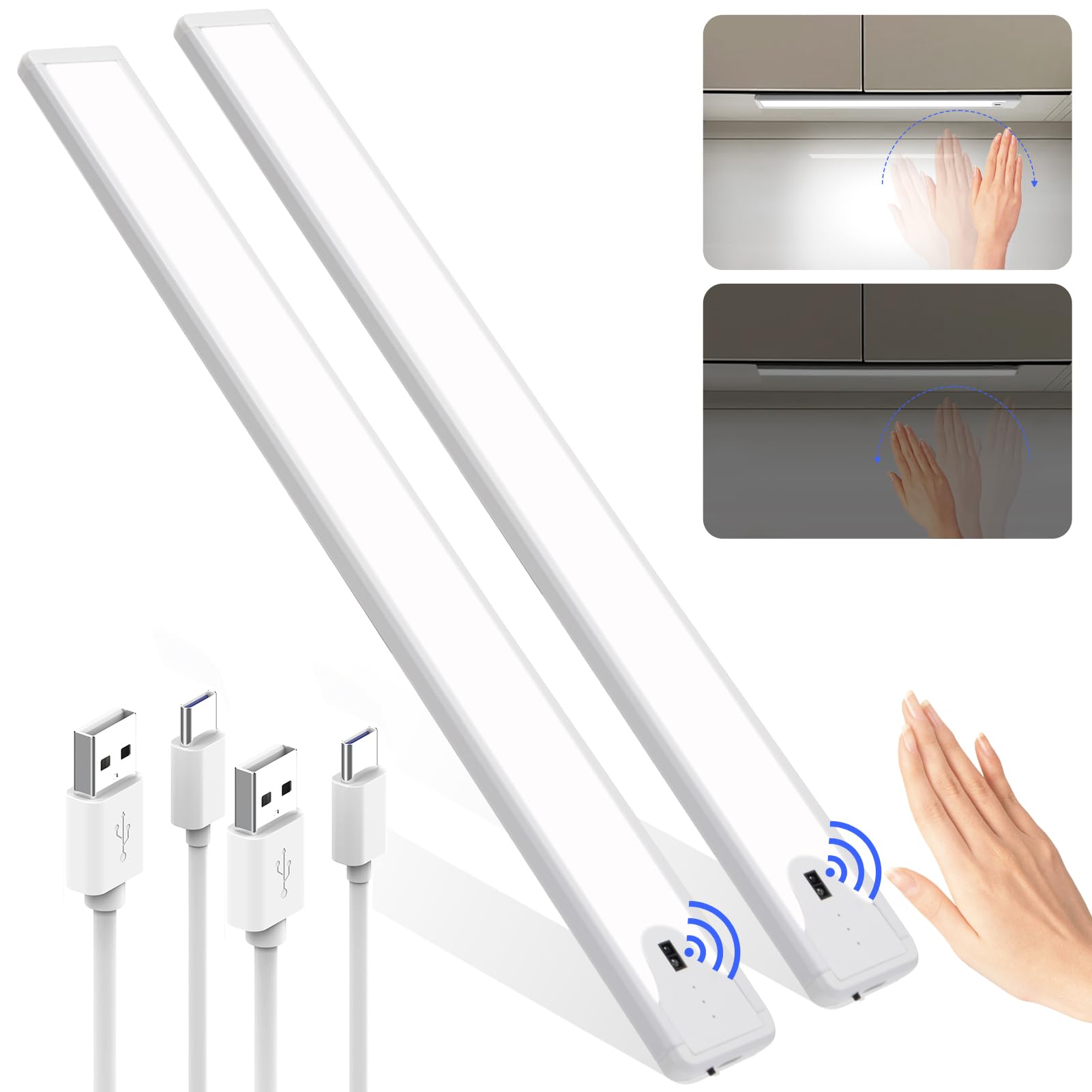 16 Inch Under Cabinet Light, Hand Wave Sensor 83 LED Indoor Cabinet Lighting, USB Rechargeable Cordless Closet Light, Stepless D