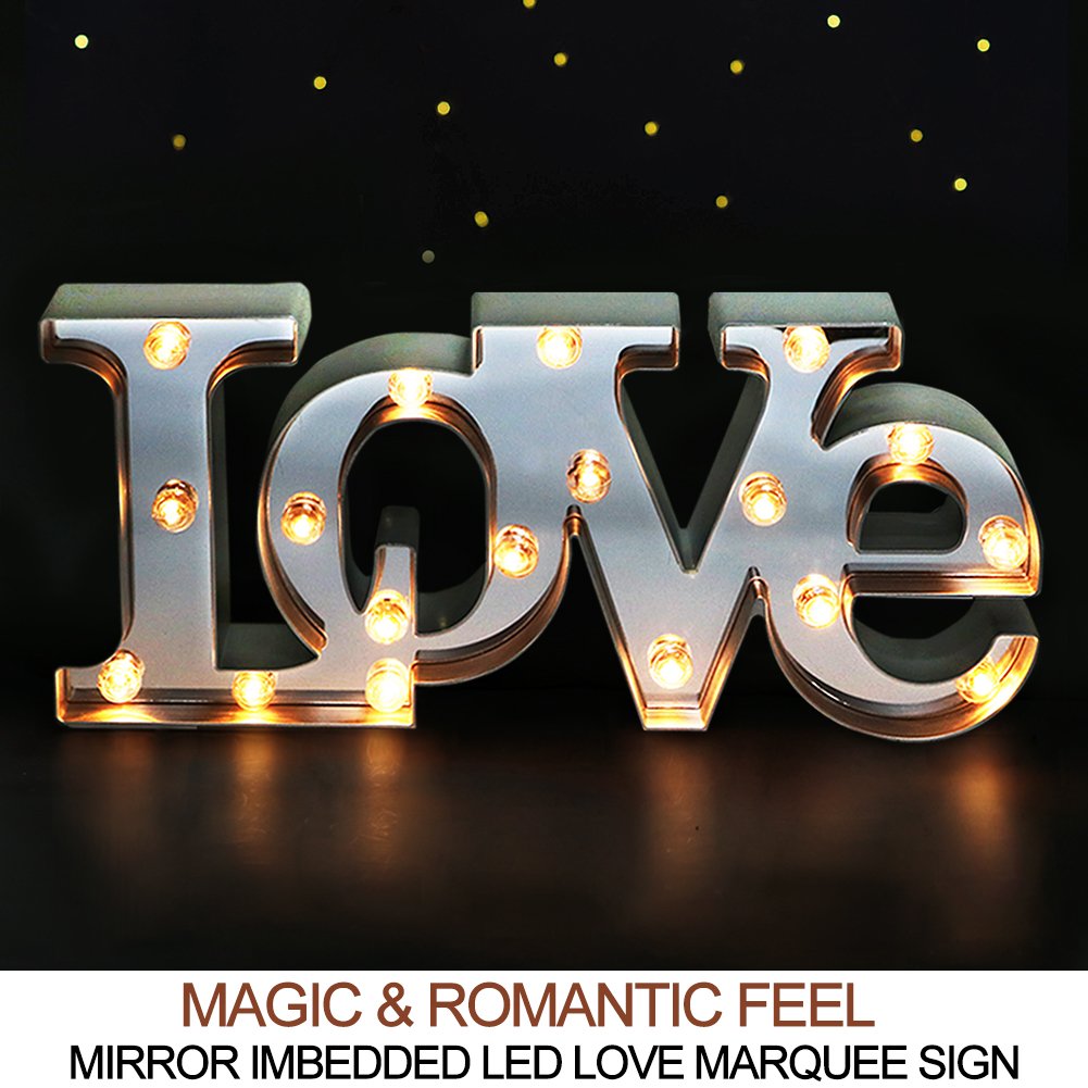 Bright Zeal LED Marquee Sign - 16"x7" LOVE Decor, Mirror Front, 18 Bulbs, Battery Operated, Ideal for Bedroom & Wedding Decor