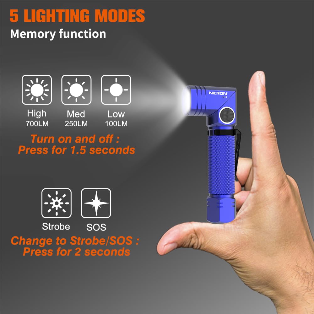 NICRON Flashlight 700 Lumens 90 Degree Rechargeable IP65 Waterproof LED Small Type Blue Model B74E-blue