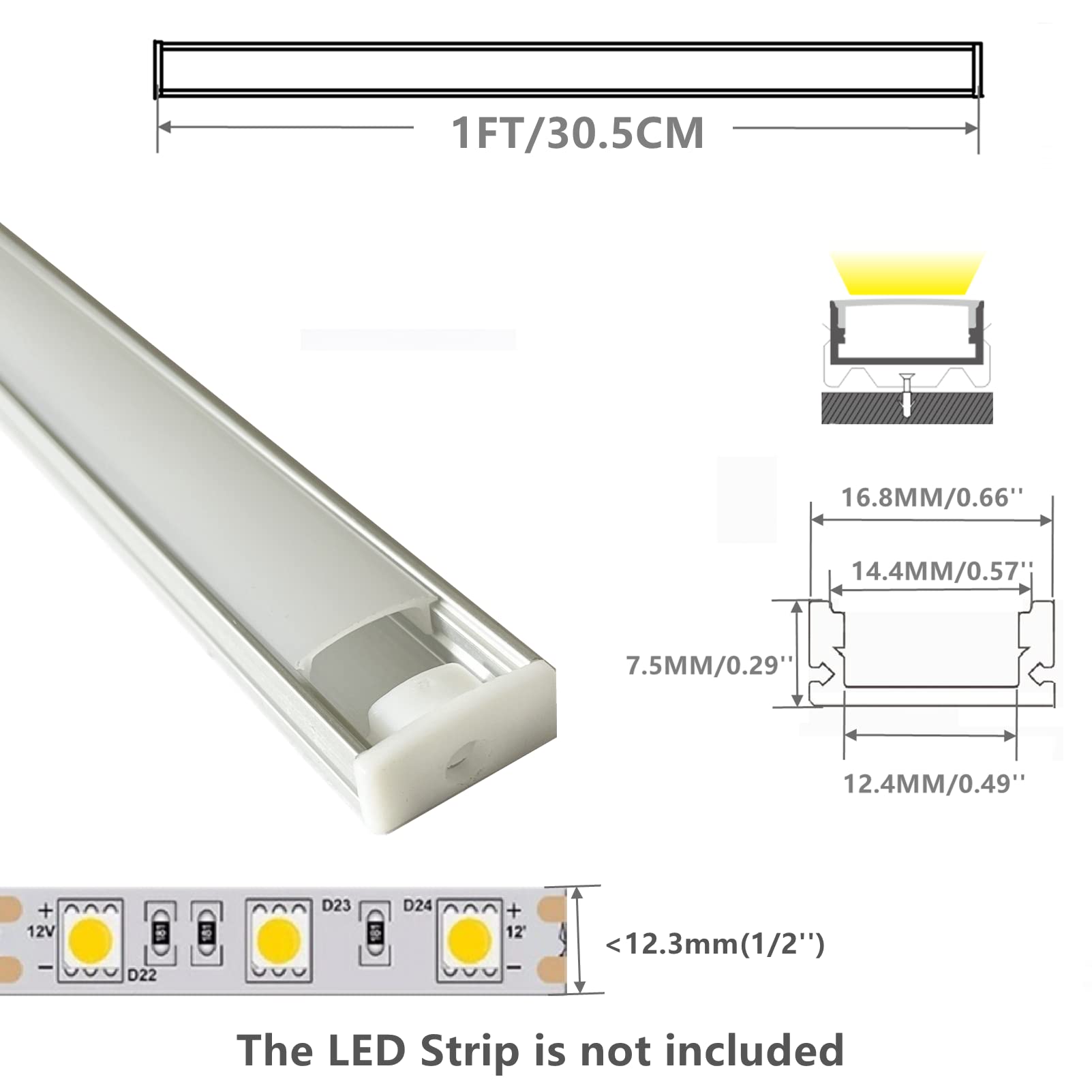 THMOOTHER LED Strip U Channel Diffuser 6-Pack, 1FT Silver Aluminum Track with UV Resistant Milky Cover, Model 17.4-1FT