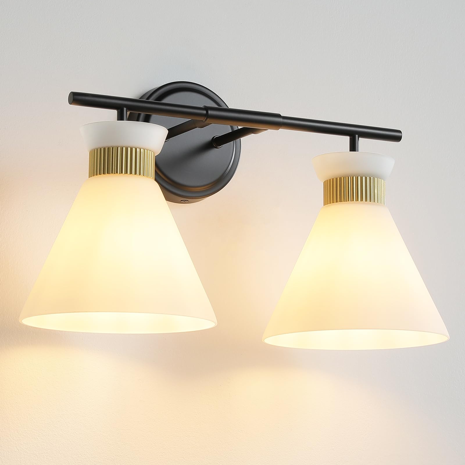 WOSHITU Bathroom Vanity Light Fixtures: 2-Lights Mid Century Modern Vanity Lights for Bathroom, Black and Gold Wall Sconce Light