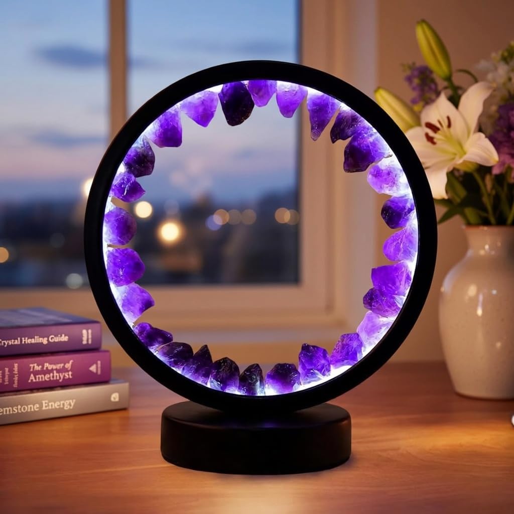 RUIJINGYUAN Natural Amethyst Night Light - 7.9 Healing Crystal Lamp, USB Powered, 3 Light Modes with Dimming Function, Bedside L