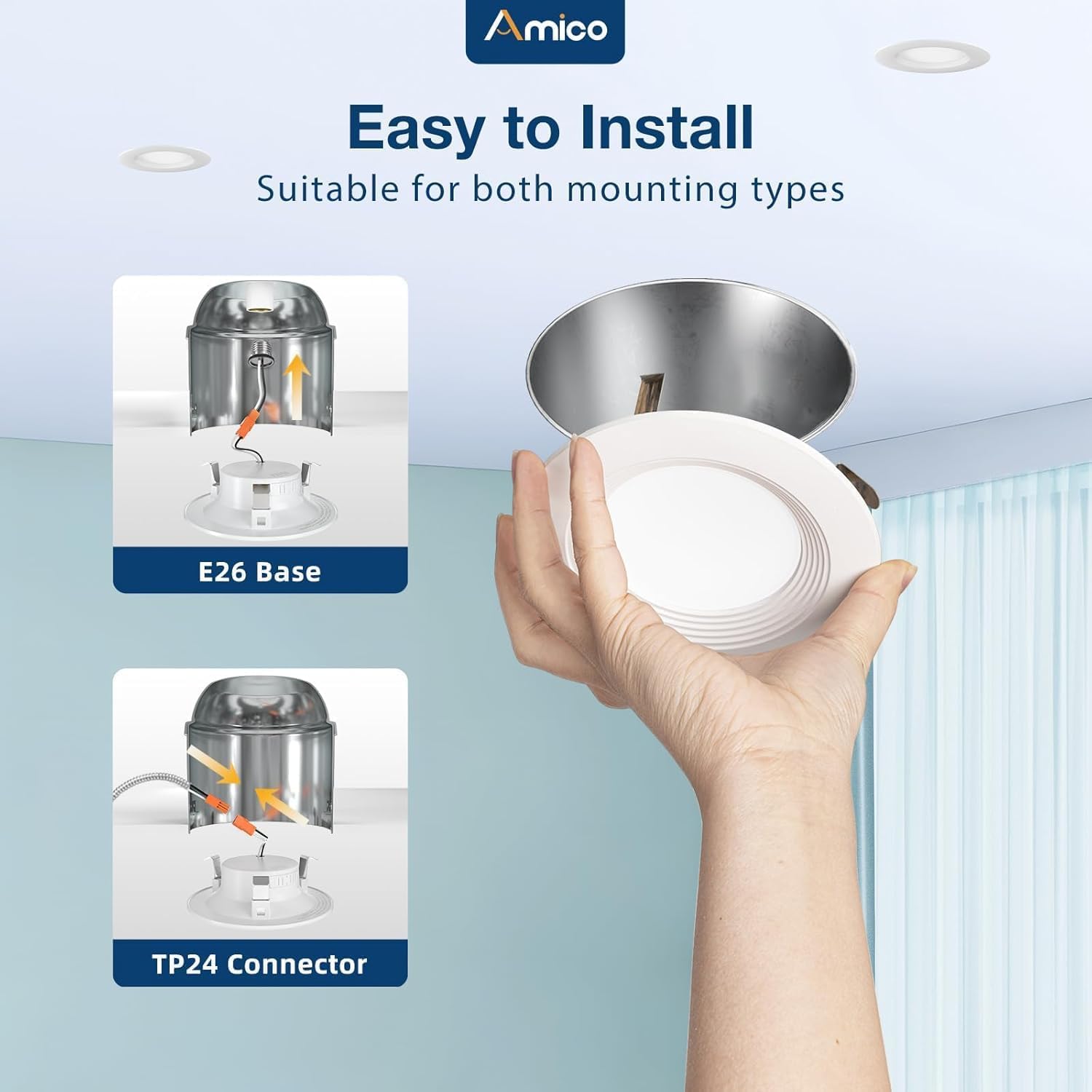 Amico 4 Inch 5CCT Dimmable LED Recessed Lighting 6 Pack, IC Rated, 8.5W, 650LM, White, Model TP120-RT