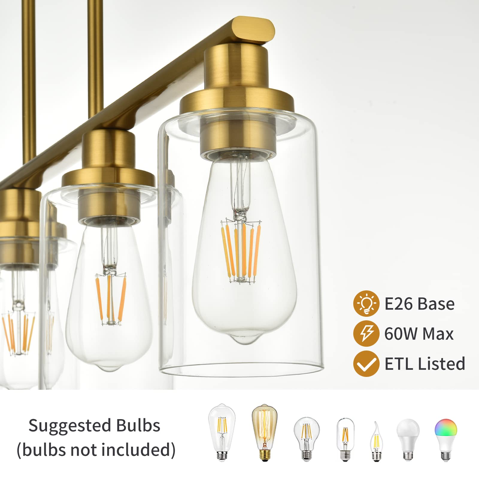 Kpiok Kitchen Island Lighting, 5-Light Modern Dining Room Light Fixtures Over Table,Farmhouse Gold Linear Chandeliers For Dining Room, Industrial Pendant Lights Fixture With Clear Glass Shade