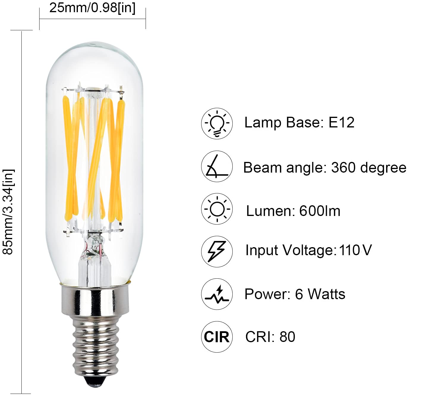 Raheem T8 LED Bulb, 10 Pack, Dimmable, 600 Lumens, 3000K Warm White, Clear Glass, E12 Base, 60W Equivalent