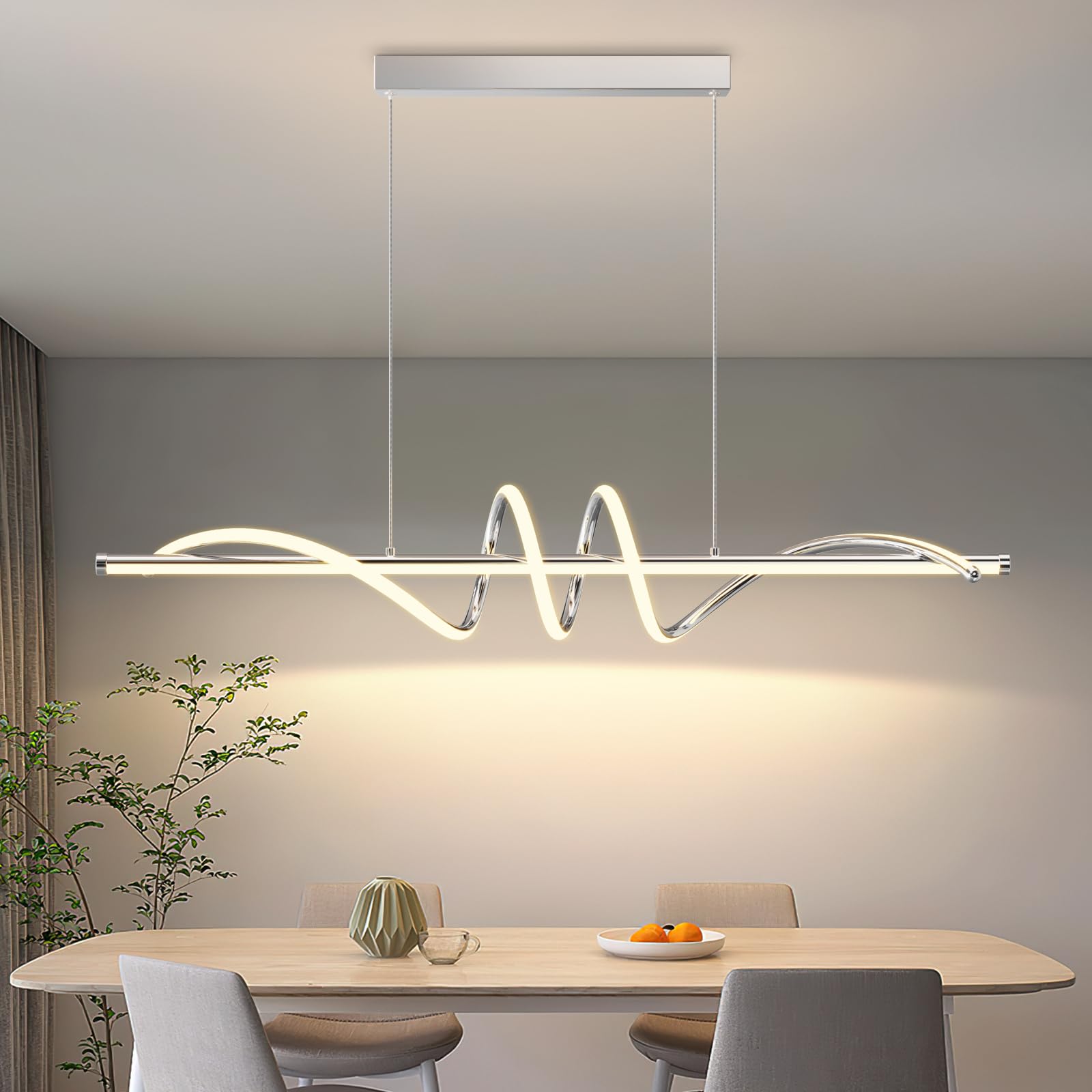 LannlKer Modern Pendant Light, 39in, Dimmable, Chrome Silver, Remote Control, Model LX-1L