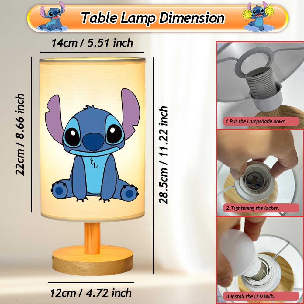 GIFIZOL Stitch Bedside Table Lamp - Wood Base, Flaxen Fabric Shade, 3 Colors, LED Bulb Included, Kids Room Light, Model A