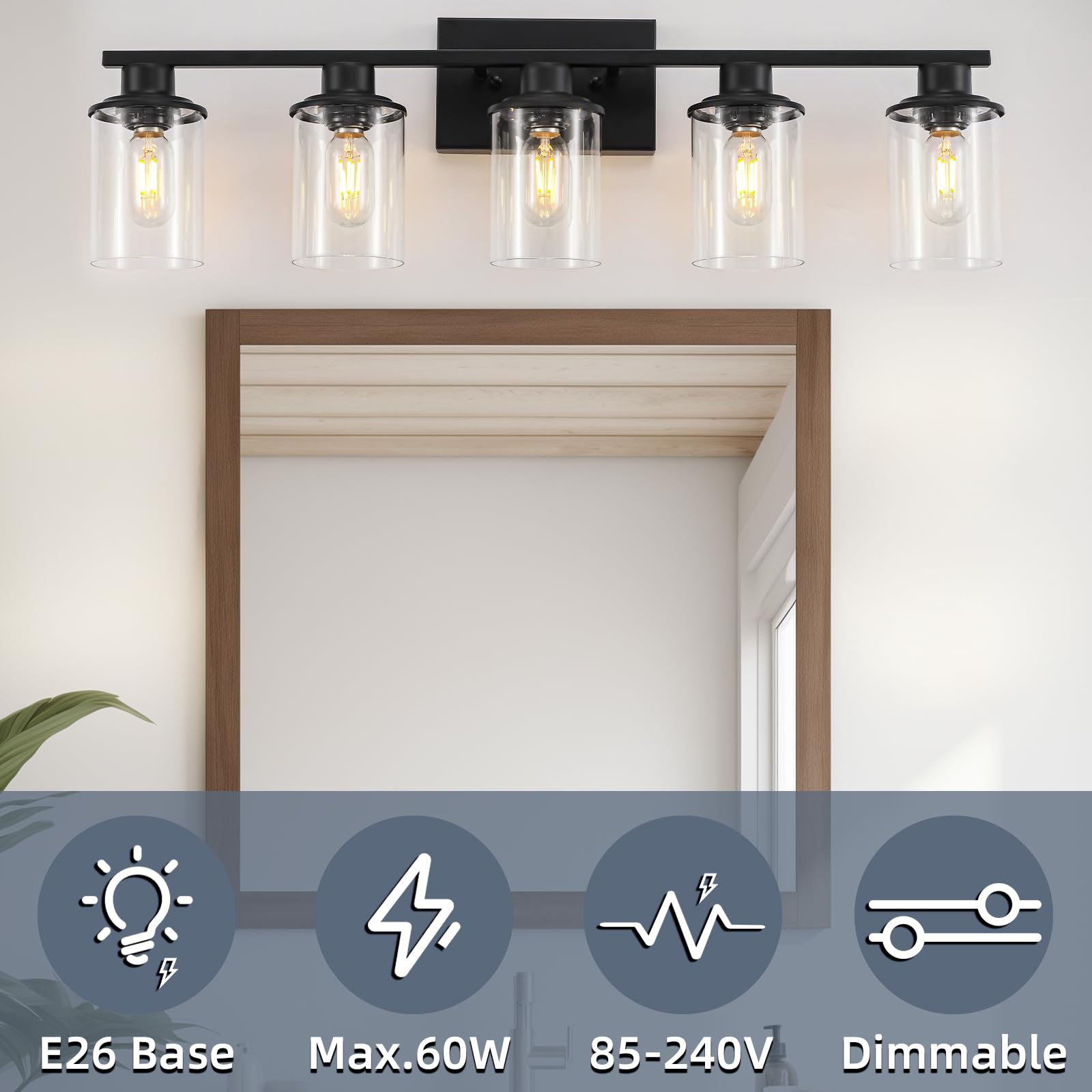 LOUSACE 5 Light Bathroom Vanity Light, Matte Black Metal Fixture with Clear Glass Shade, Model 21-5-BL