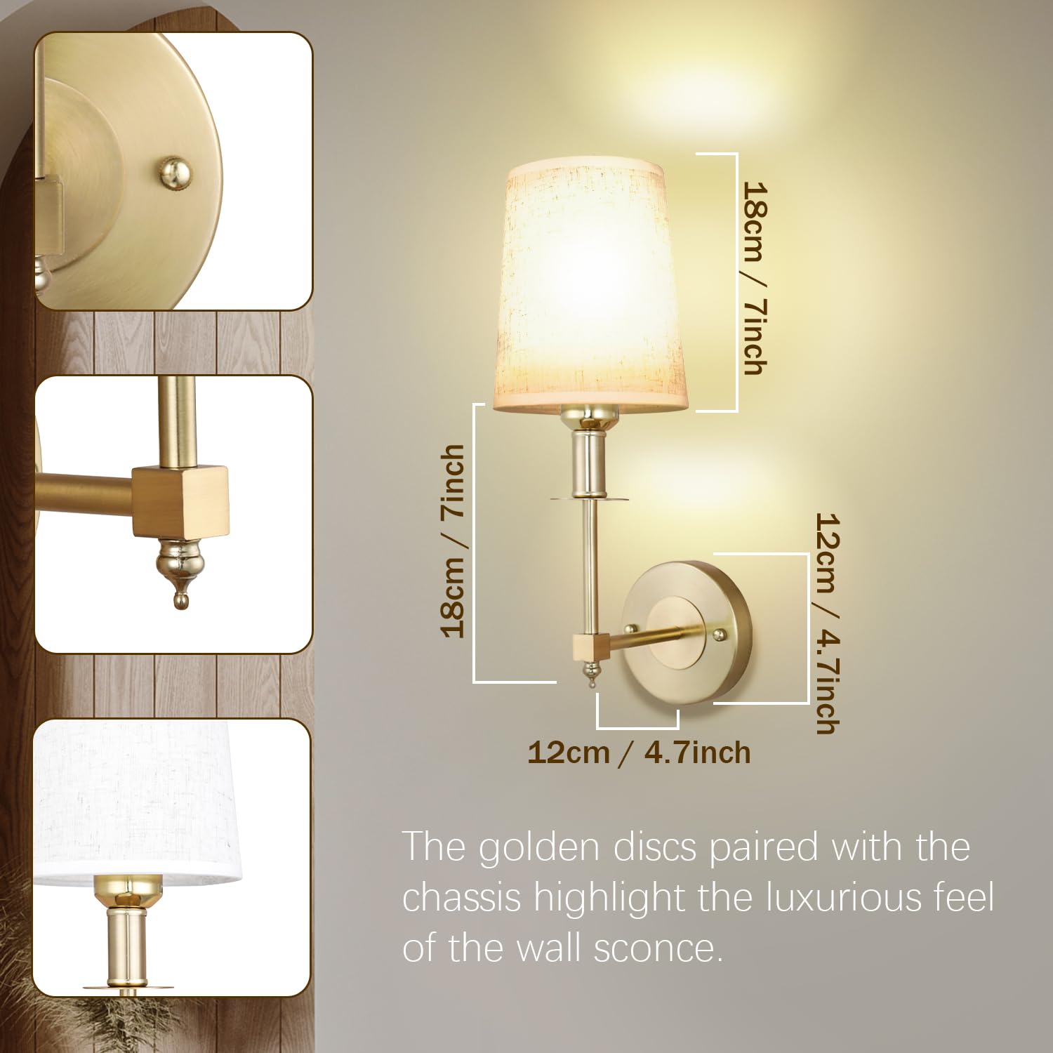 BIMEAN Battery Operated Wall Sconces Set of Two, Gold, Wireless RGB Bulb, Indoor Wall Mounted Lamp, Model L015D