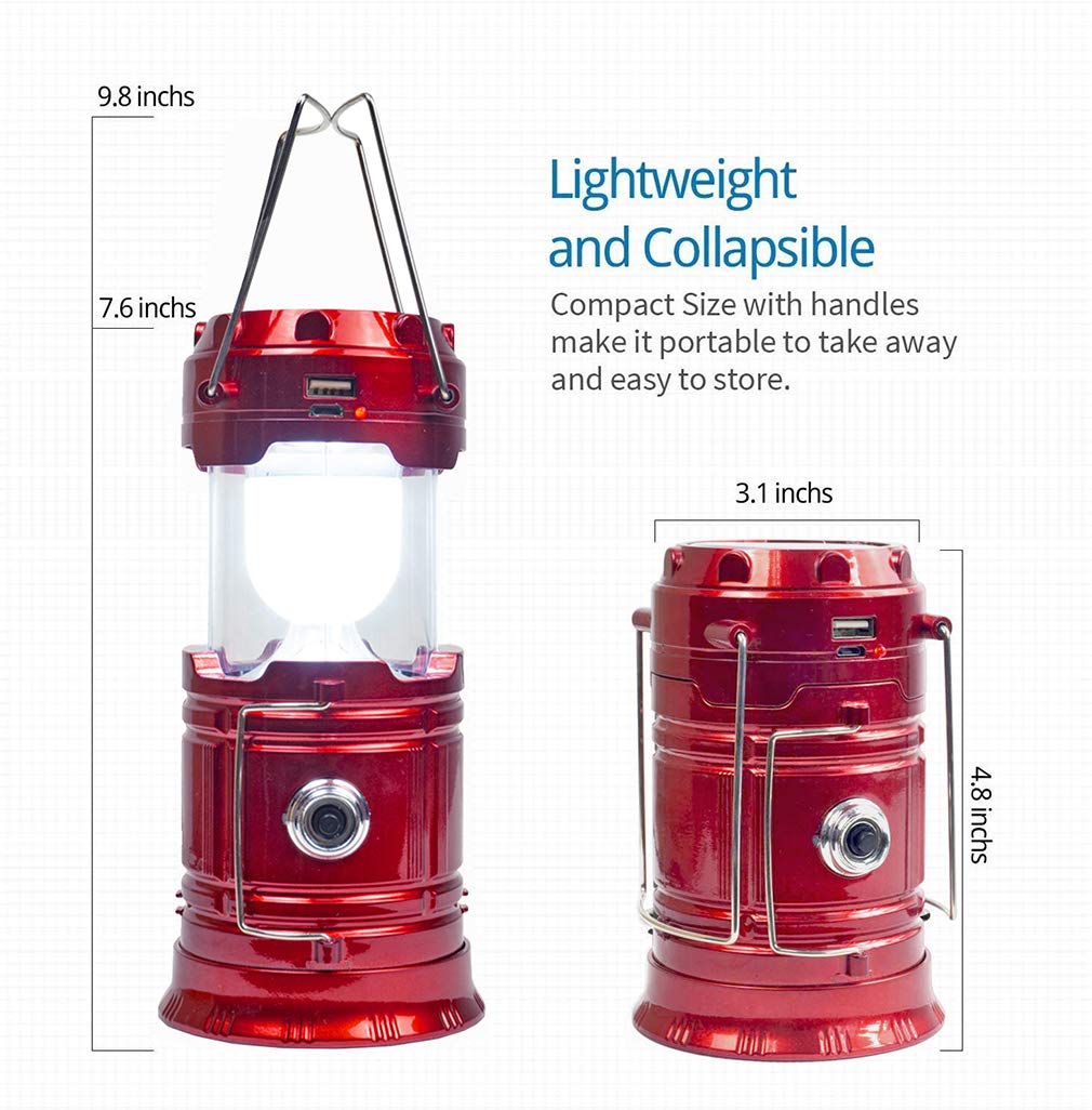 Solar Camping Lantern Rechargeable USB,COB LED Lantern Flashlight 2 Power Supply Modes Survival Kit for Emergency, Hurricane(Red