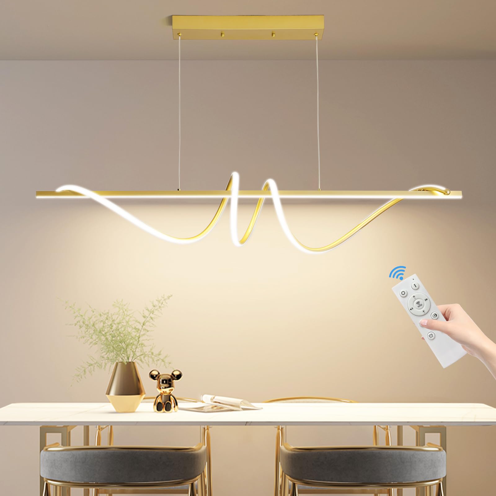 Mikeru Modern LED Pendant Light, Dimmable Chandelier, 47in, Aluminum, Gold, Model LX, Adjustable Color Temperature 3000K-6500K