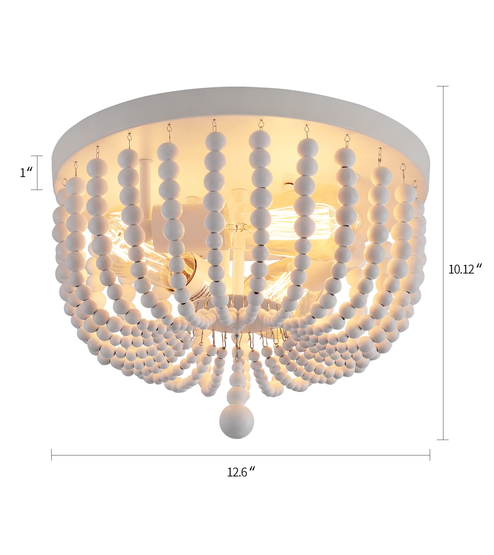 Q&S White Boho Beaded Chandelier Light Fixture, 3-Lights, Metal and Wood Bead, Flush Mount for Bedroom, Kitchen, Dining Room