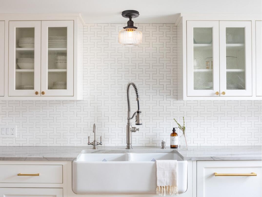 Permo Modern Small Semi Flush Mount Ceiling Light Glass Ceiling Lights Hallway Light Fixtures With Flate Ribbed Glass Lampshade,