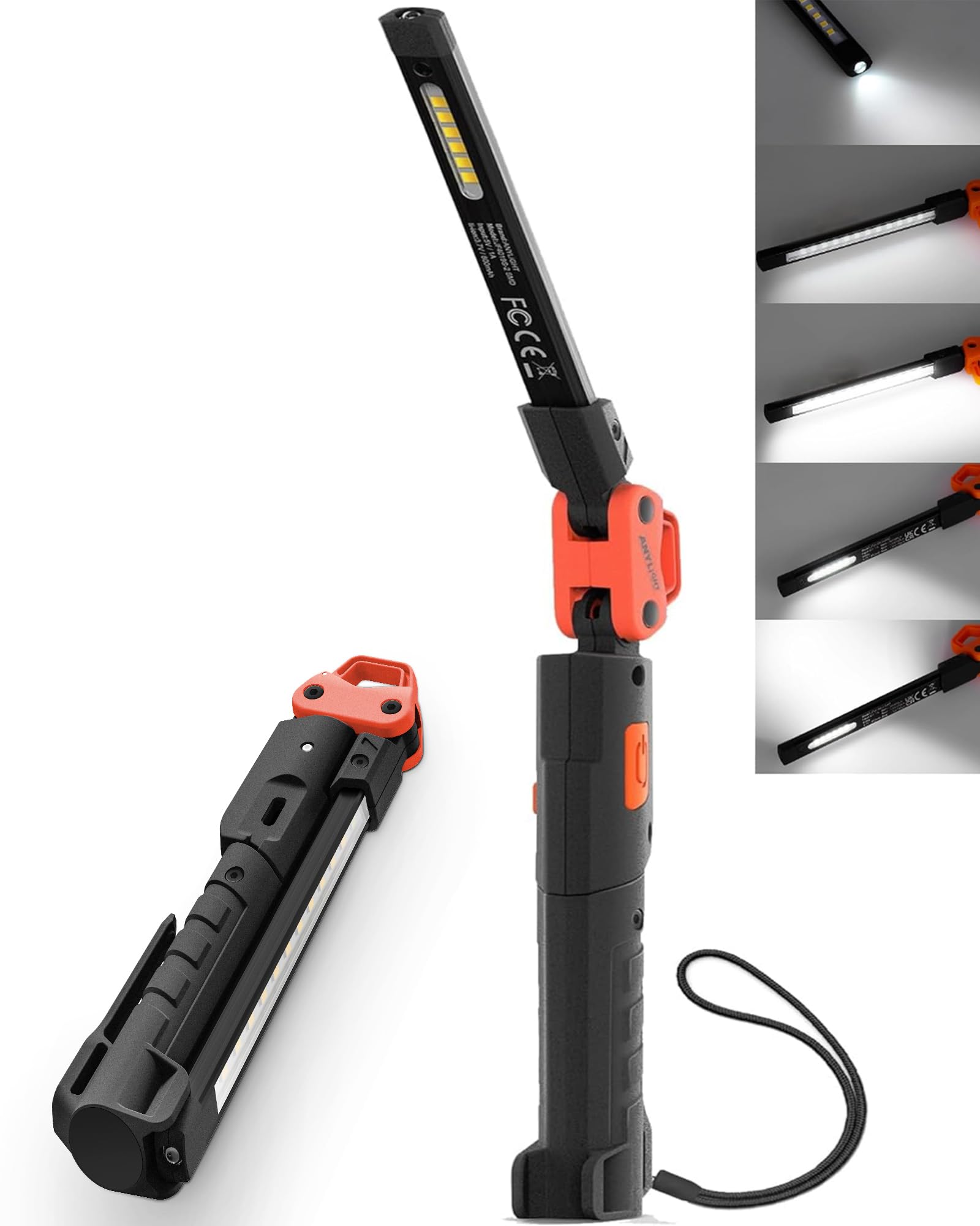 Anylight Rechargeable Work Light, 400Lm Mechanic Work Light, Magnetic Flashlight With 230° Rotate And Hook Led Work Light For Car Repairing, Emergency, Grill, Outdoor Work (1 Pack)