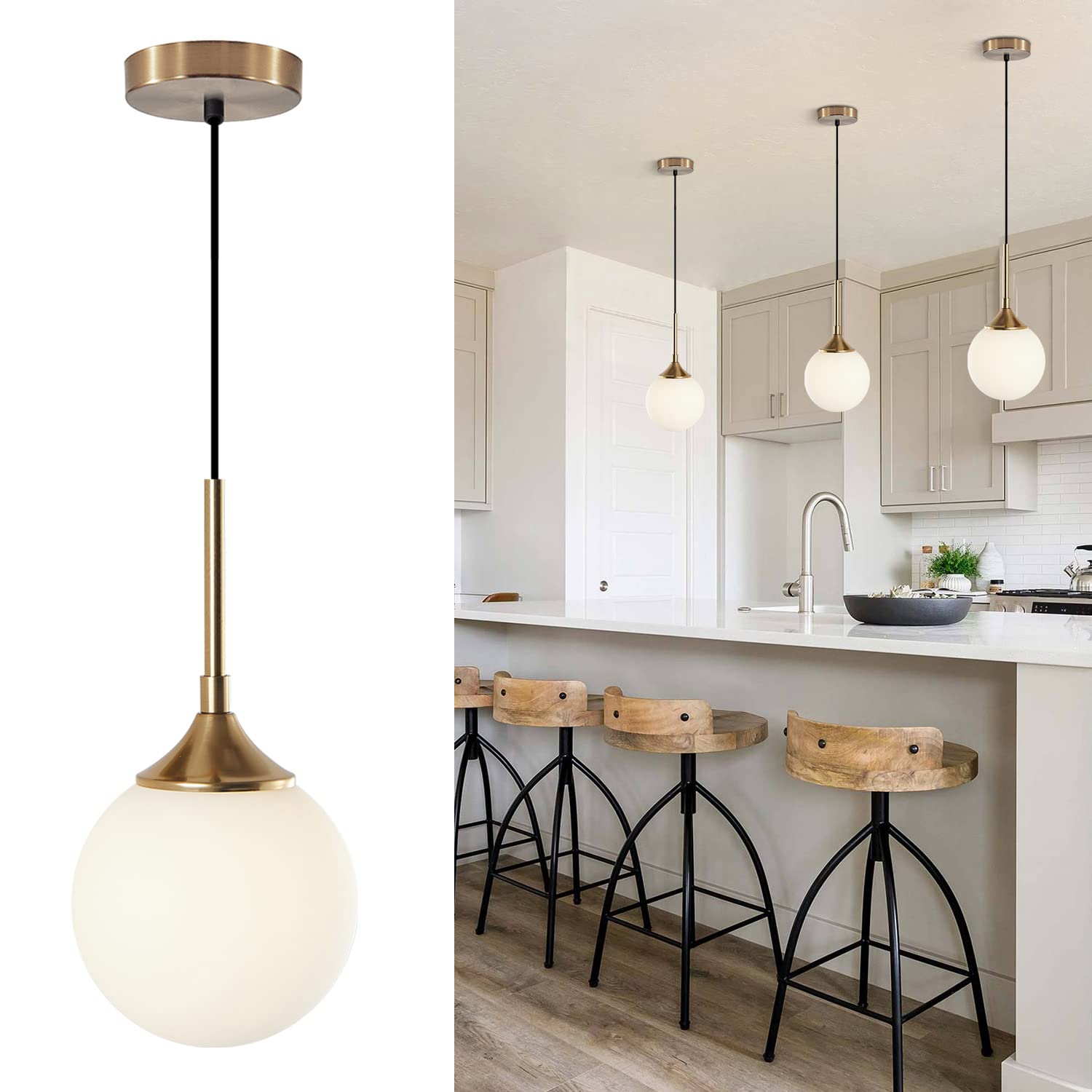 KCO Mid Century Modern Glass Pendant Light 1-Light Brushed Brass Adjustable Ceiling Fixture White